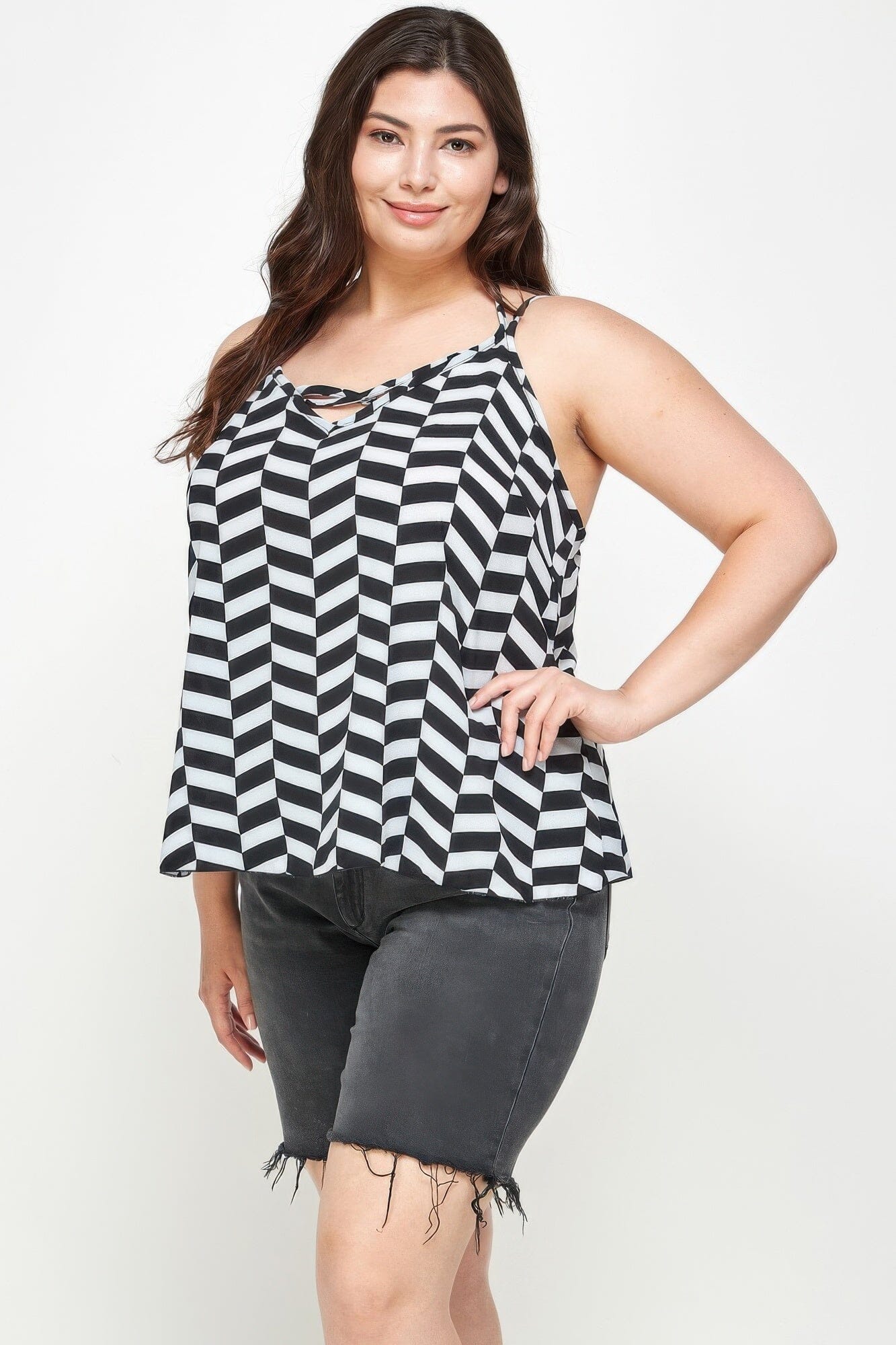 Plus Size Geometric Top With Double Spaghetti Strap Shirts & Tops jehouze 