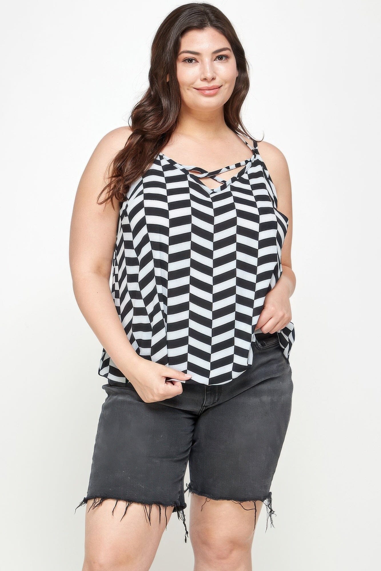 Plus Size Geometric Top With Double Spaghetti Strap Shirts & Tops jehouze 