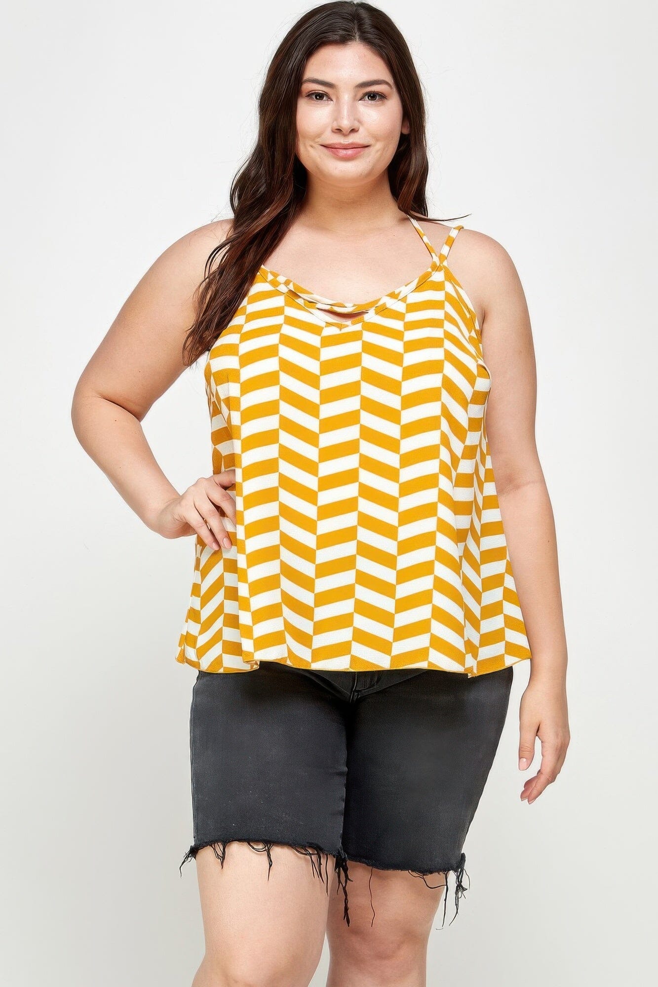 Plus Size Geometric Top With Double Spaghetti Strap Shirts & Tops jehouze 