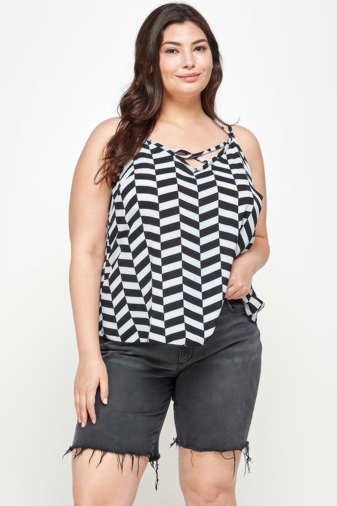 Plus Size Geometric Top With Double Spaghetti Strap Shirts & Tops jehouze 
