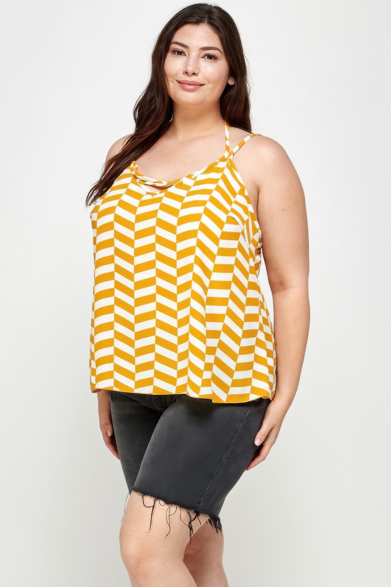 Plus Size Geometric Top With Double Spaghetti Strap Shirts & Tops jehouze 