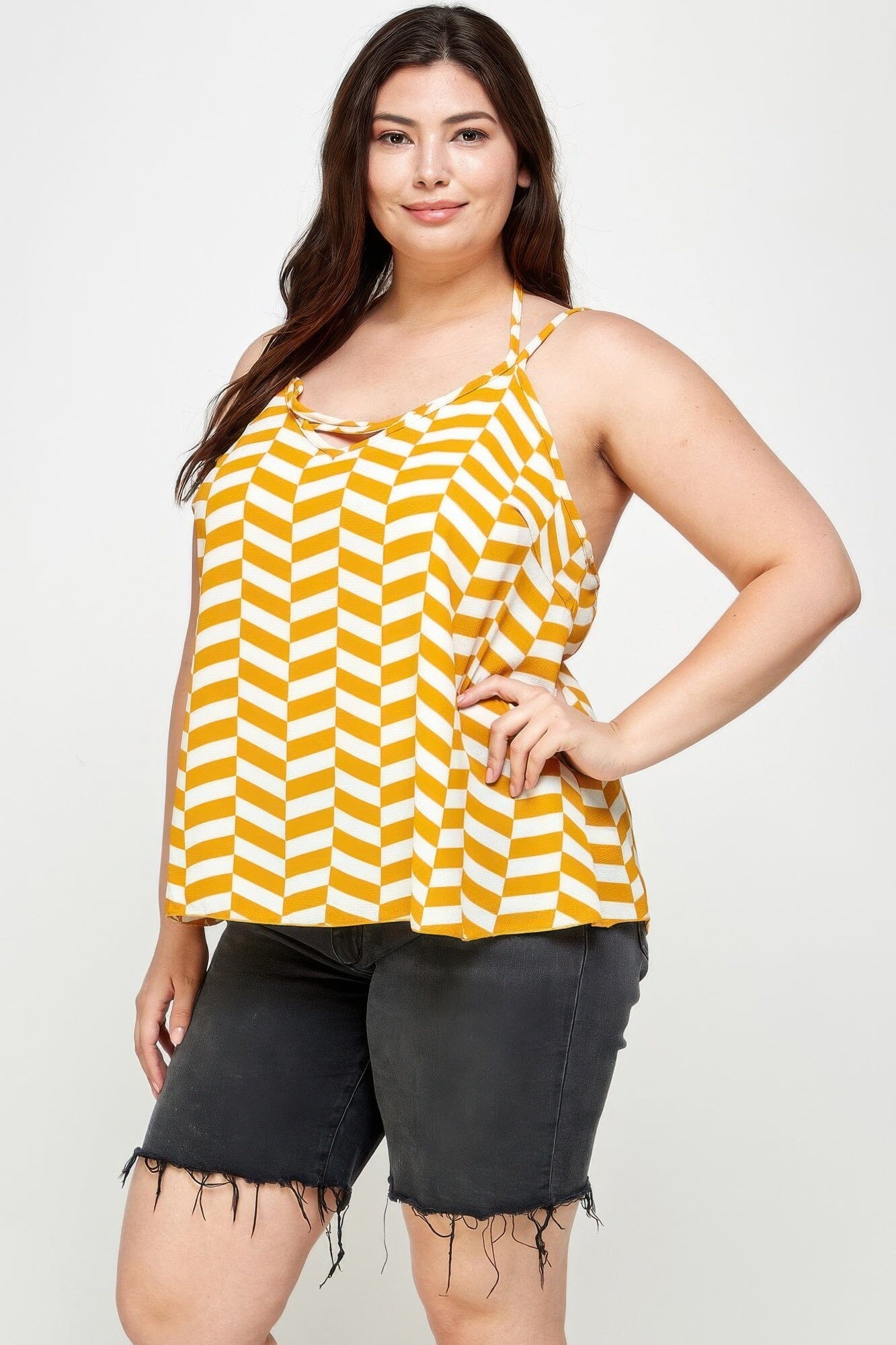 Plus Size Geometric Top With Double Spaghetti Strap Shirts & Tops jehouze 