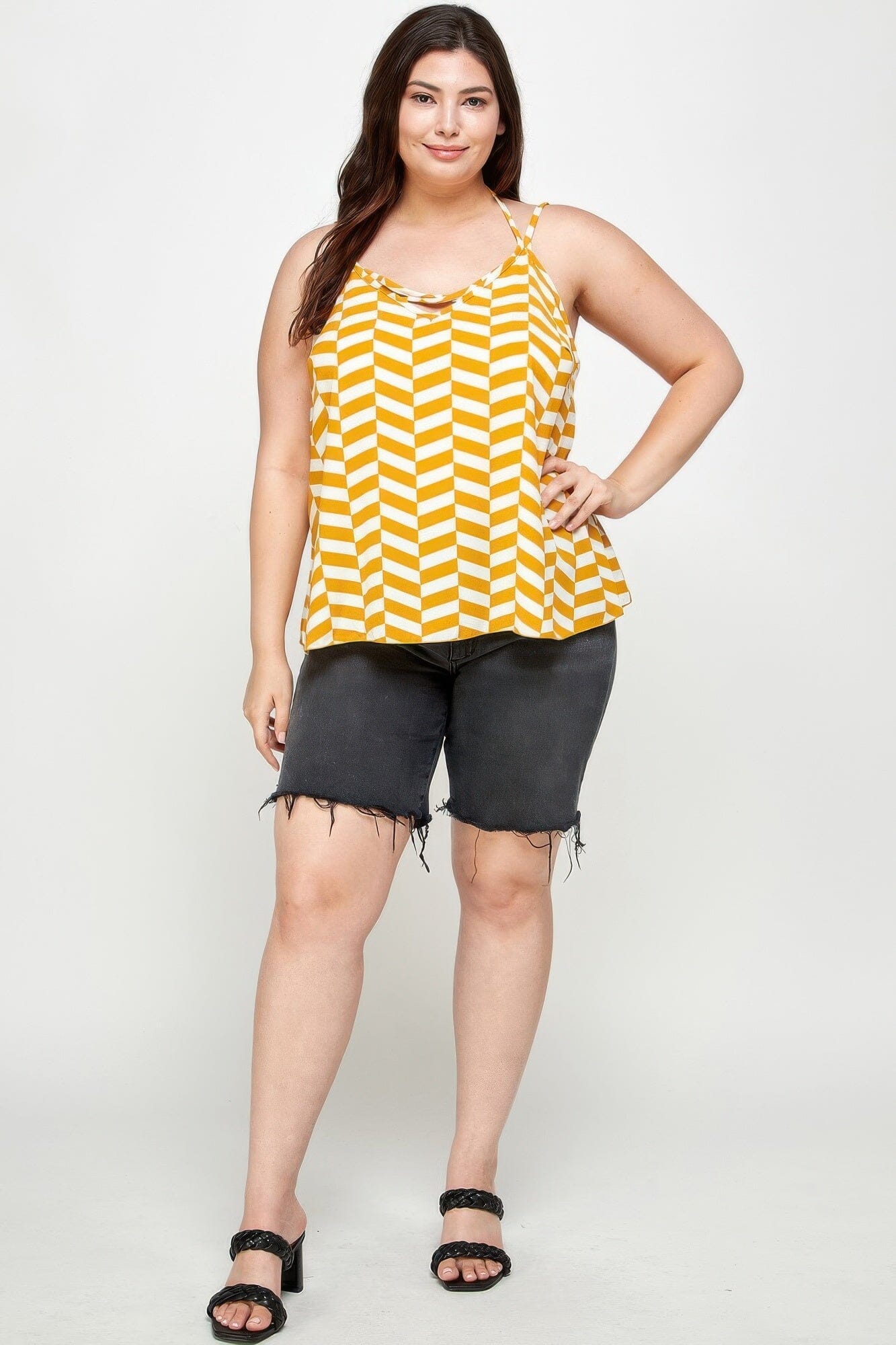 Plus Size Geometric Top With Double Spaghetti Strap Shirts & Tops jehouze Yellow 1XL 