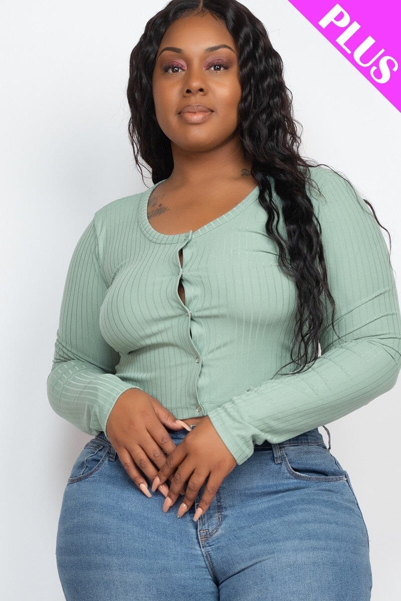 Plus Size Green Button Down Long Sleeve Crop Basic Ribbed Knit Top Shirts & Tops jehouze 1XL 