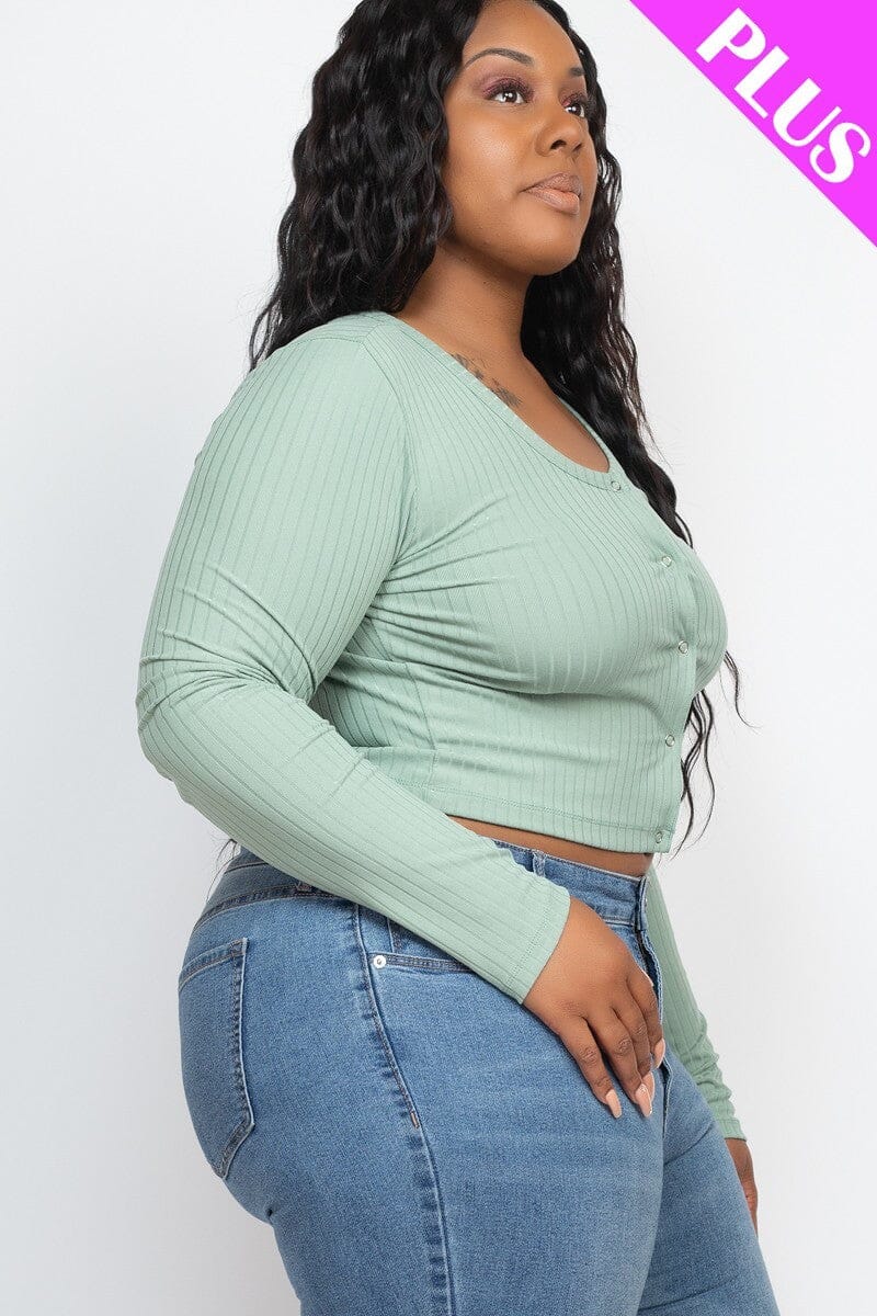 Plus Size Green Button Down Long Sleeve Crop Basic Ribbed Knit Top Shirts & Tops jehouze 