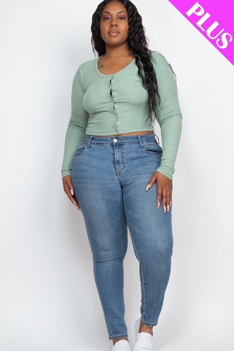 Plus Size Green Button Down Long Sleeve Crop Basic Ribbed Knit Top Shirts & Tops jehouze 