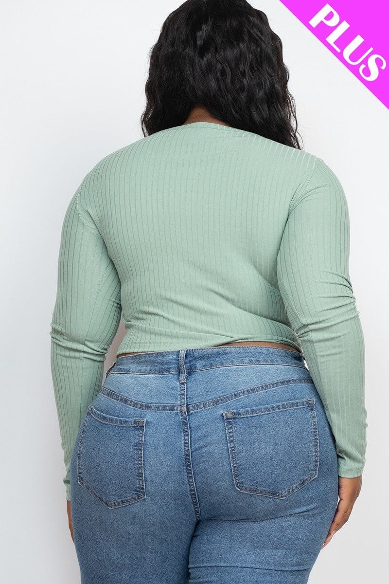 Plus Size Green Button Down Long Sleeve Crop Basic Ribbed Knit Top Shirts & Tops jehouze 