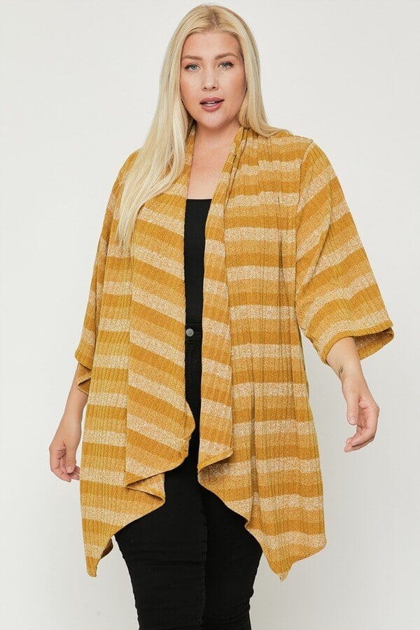 Plus Size Kimono Style Striped Cardigan Outerwear jehouze Mustard 1XL 