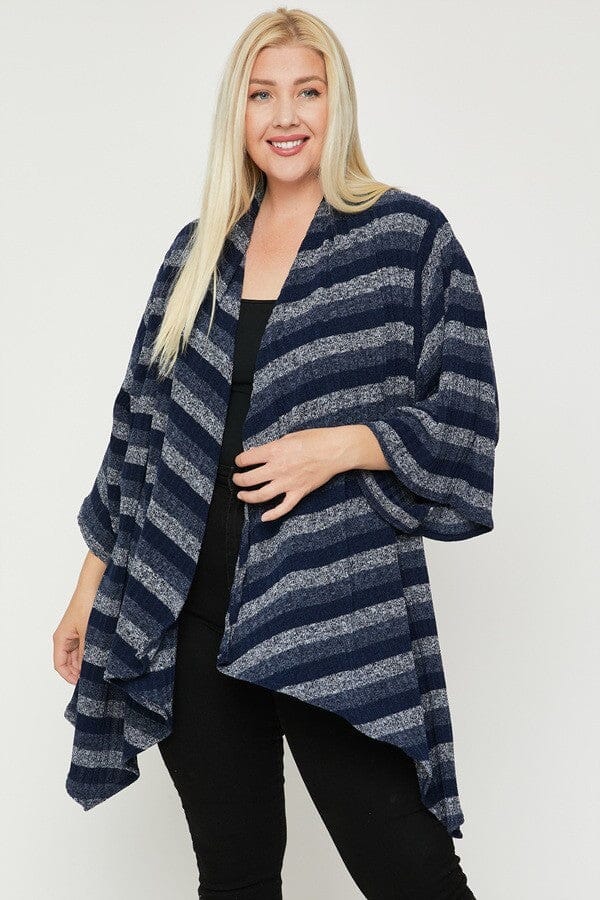 Plus Size Kimono Style Striped Cardigan Outerwear jehouze Navy 1XL 