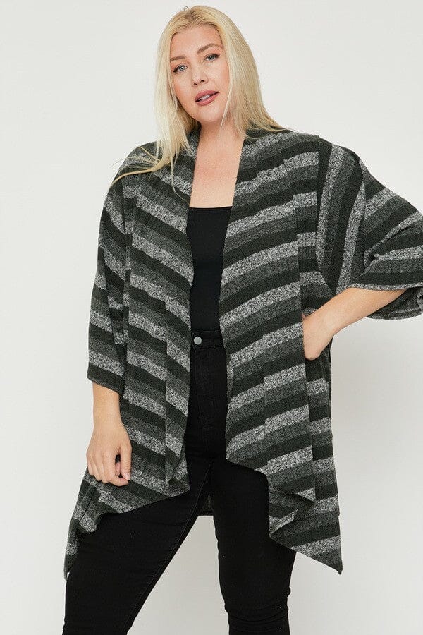 Plus Size Kimono Style Striped Cardigan Outerwear jehouze Olive 1XL 