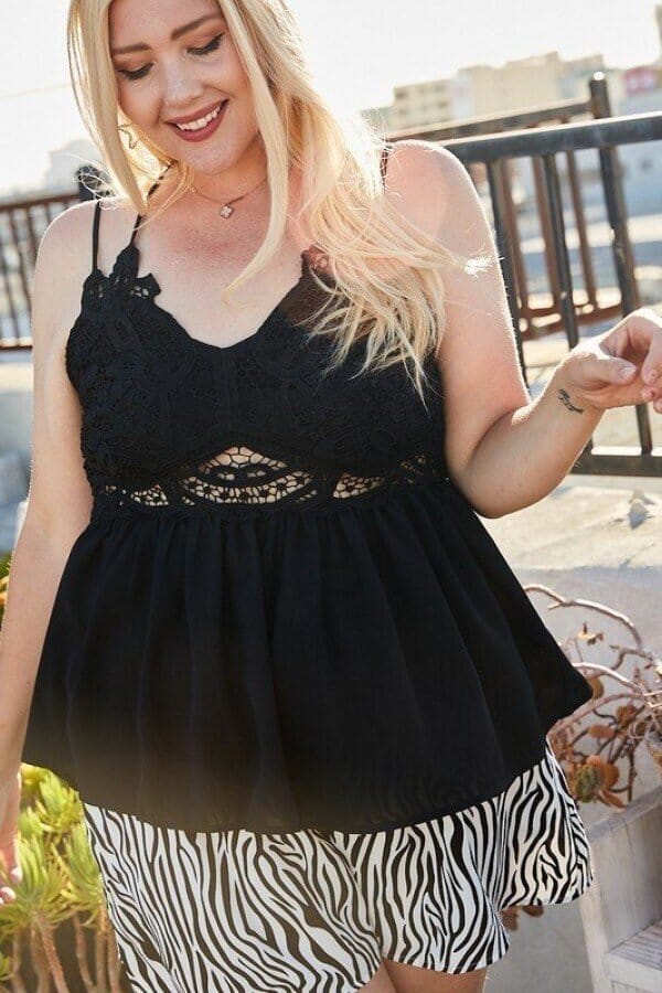 Plus Size Lace Trim Detail Two Shoulder Back Cross Top Shirts & Tops jehouze Black 1XL 