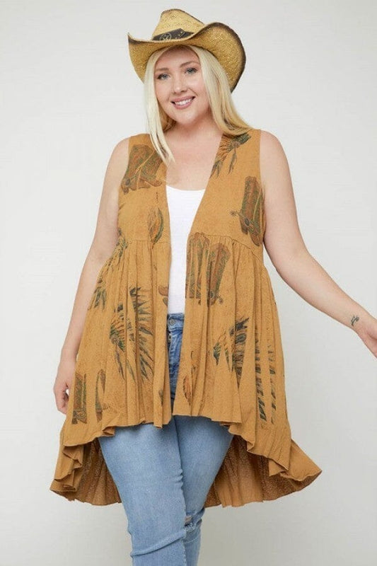 Plus Size Long Flattering Silhouette Sleeveless Cardigan Coats & Jackets jehouze Tan/Multi Feather 1XL 
