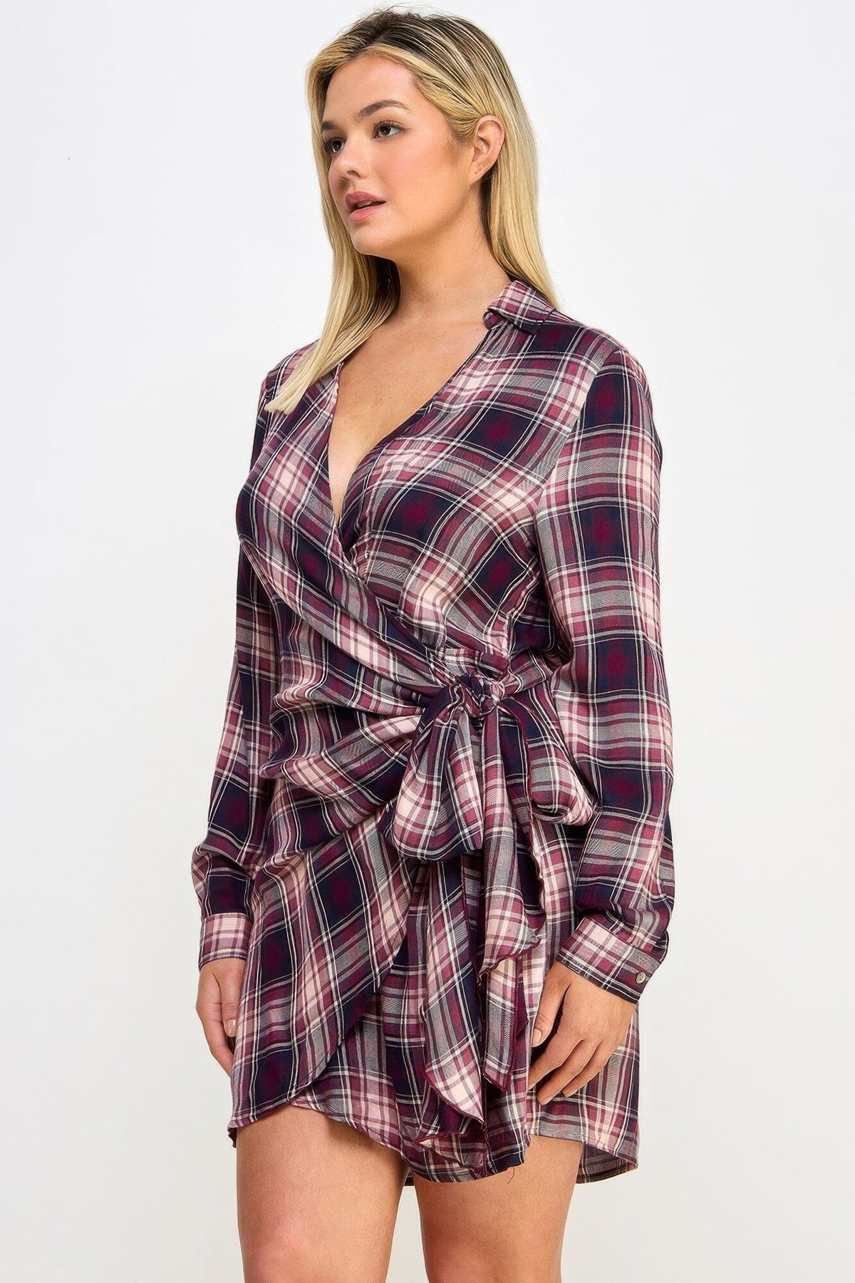 Plus Size Long Sleeve Plaid Side Tie Dress Dresses jehouze 