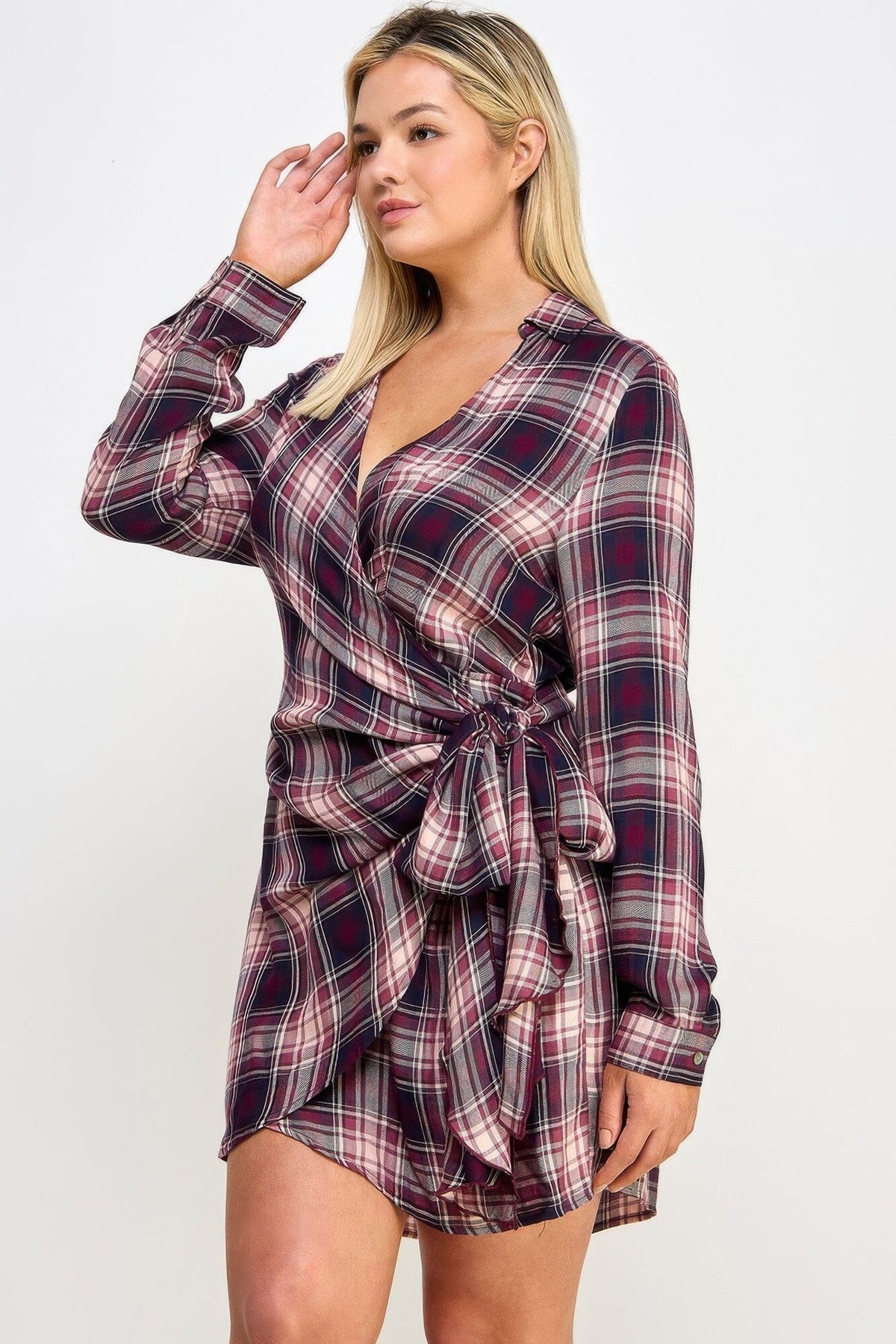 Plus Size Long Sleeve Plaid Side Tie Dress Dresses jehouze 