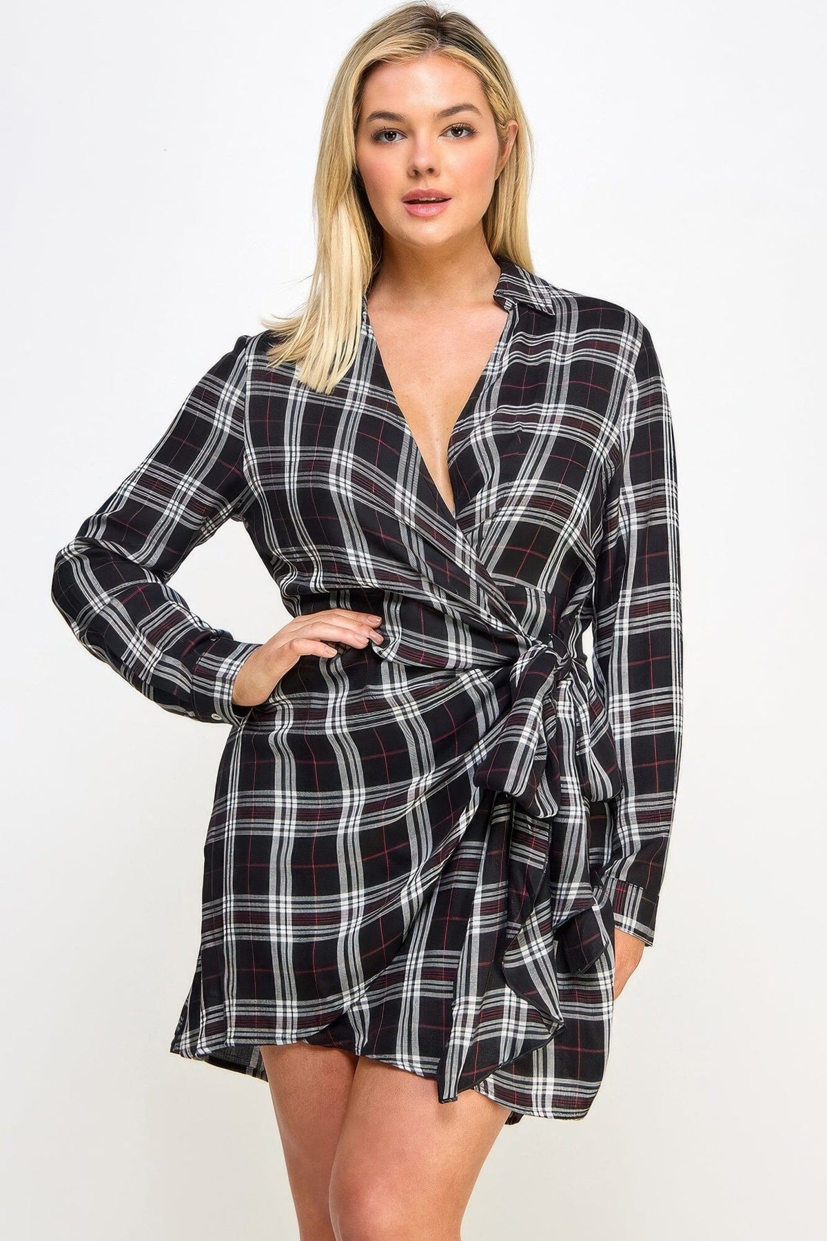 Plus Size Long Sleeve Plaid Side Tie Dress Dresses jehouze 