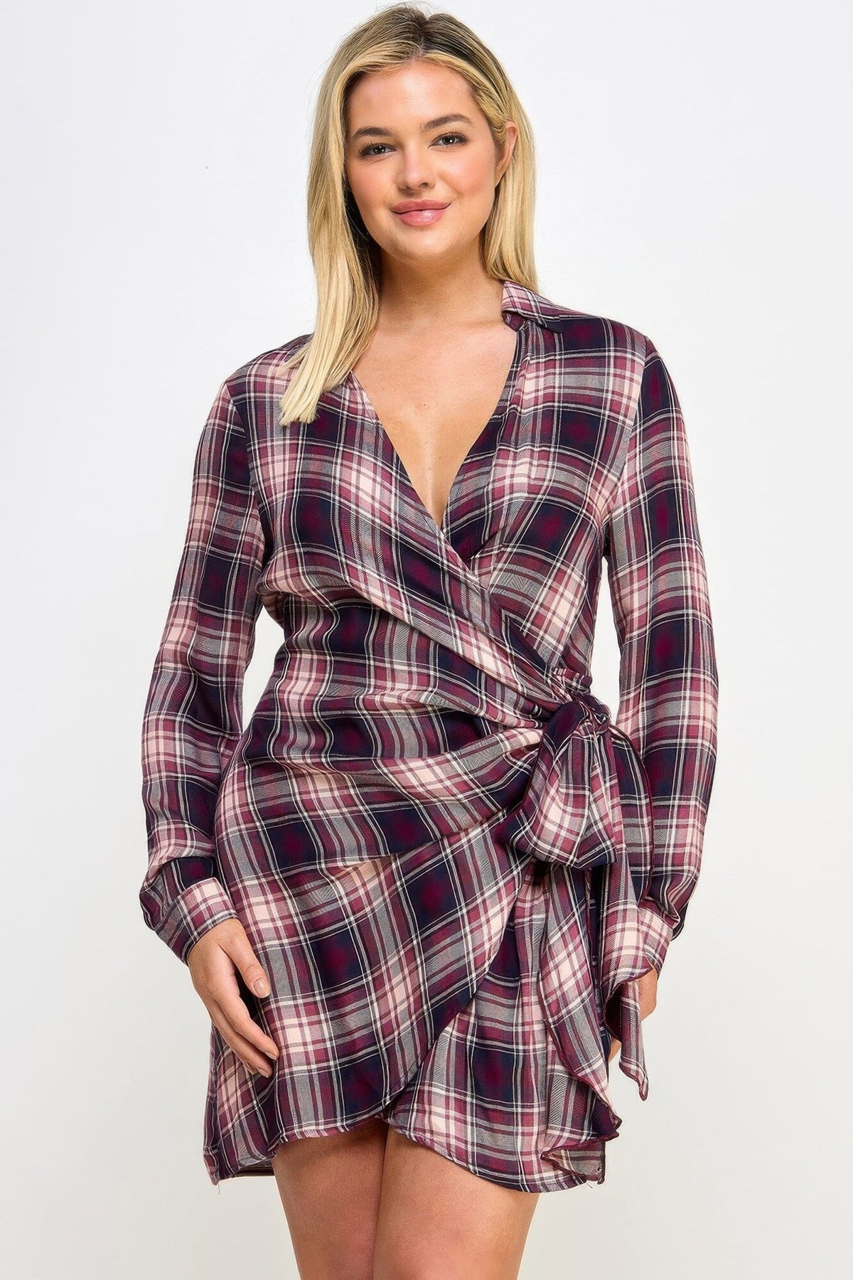 Plus Size Long Sleeve Plaid Side Tie Dress Dresses jehouze 