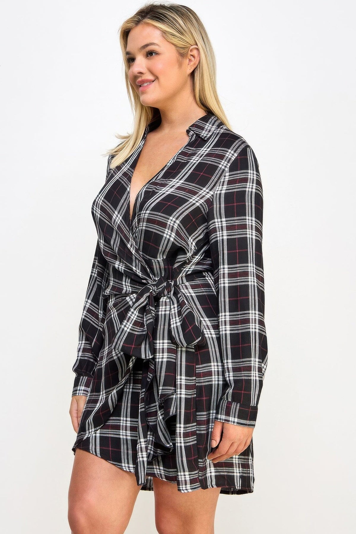 Plus Size Long Sleeve Plaid Side Tie Dress Dresses jehouze 
