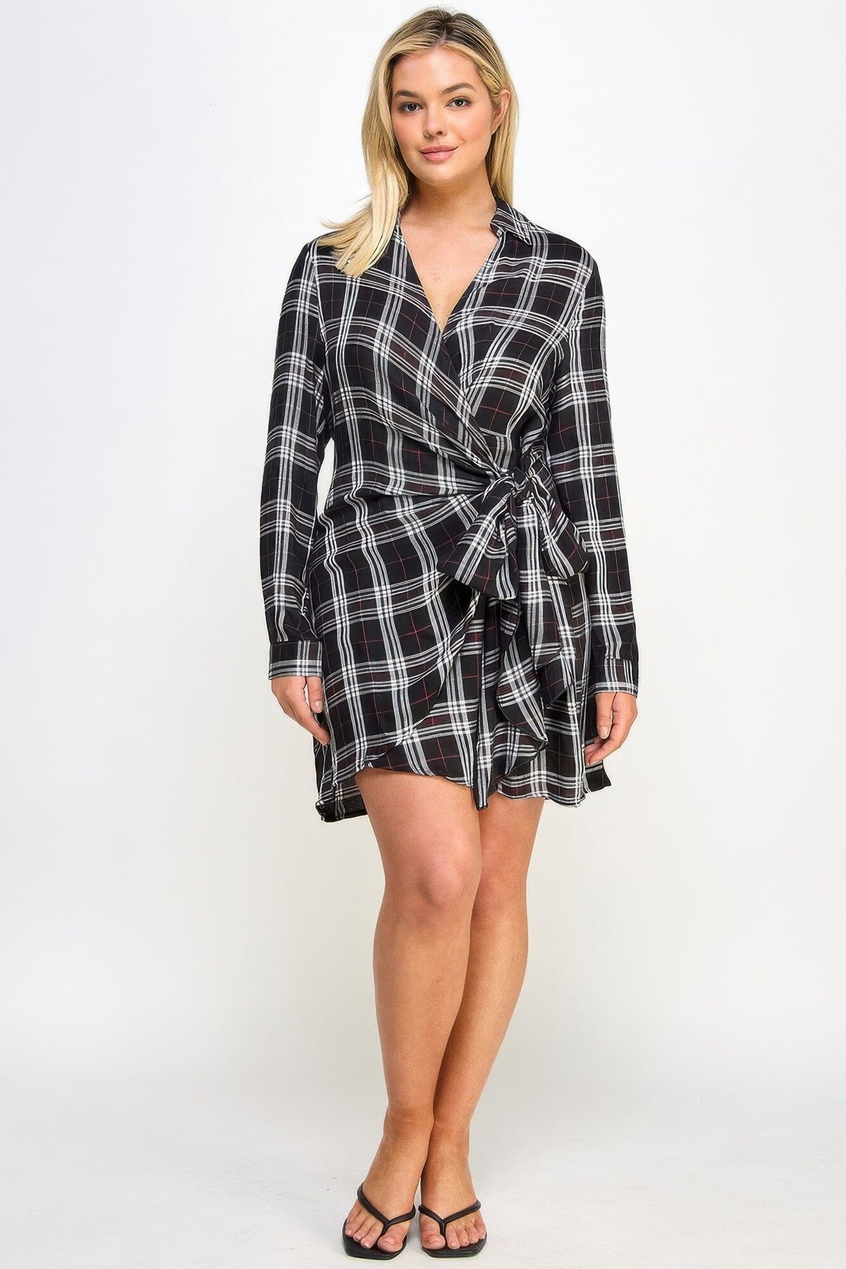 Plus Size Long Sleeve Plaid Side Tie Dress Dresses jehouze Black 1XL 
