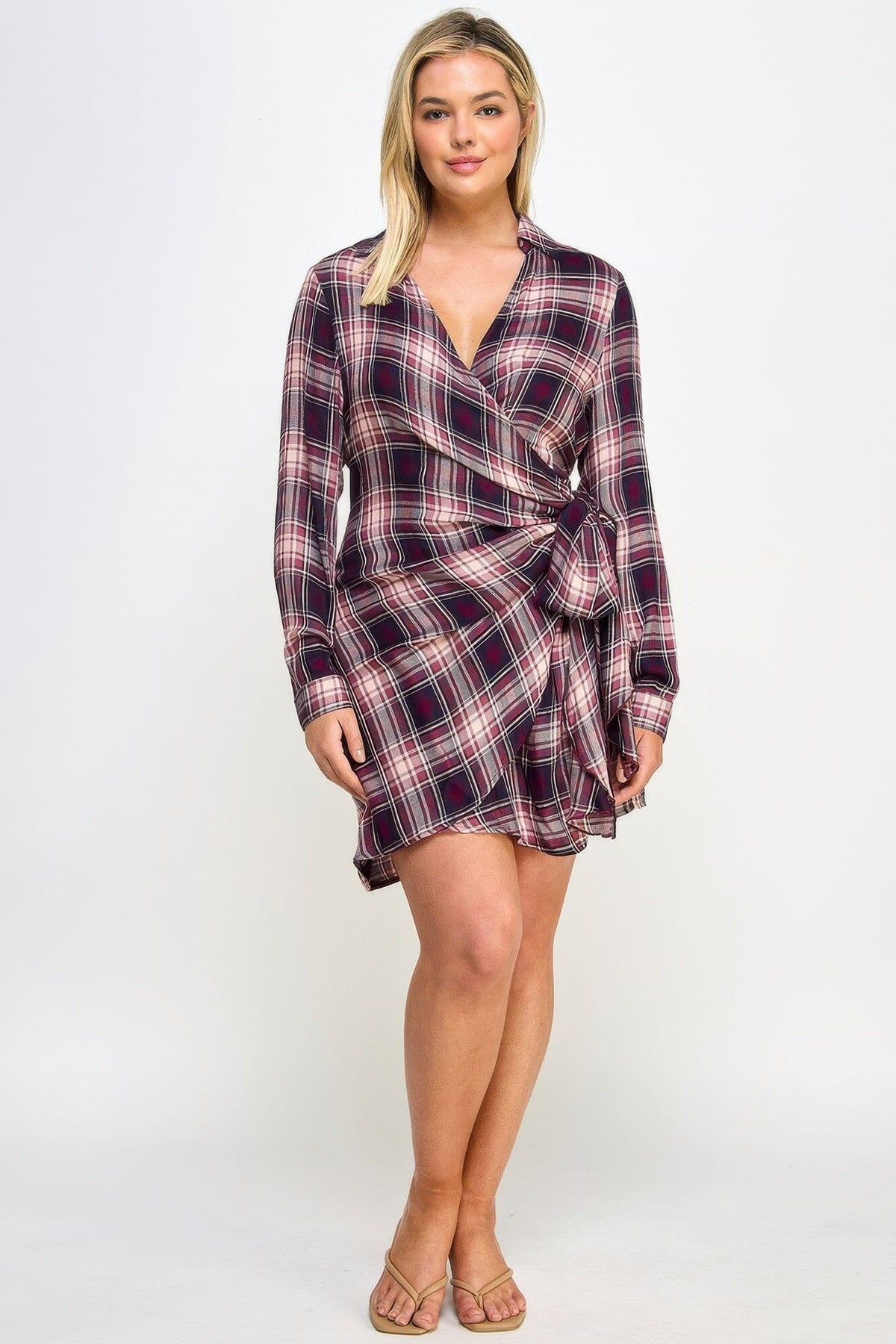 Plus Size Long Sleeve Plaid Side Tie Dress Dresses jehouze Wine 1XL 