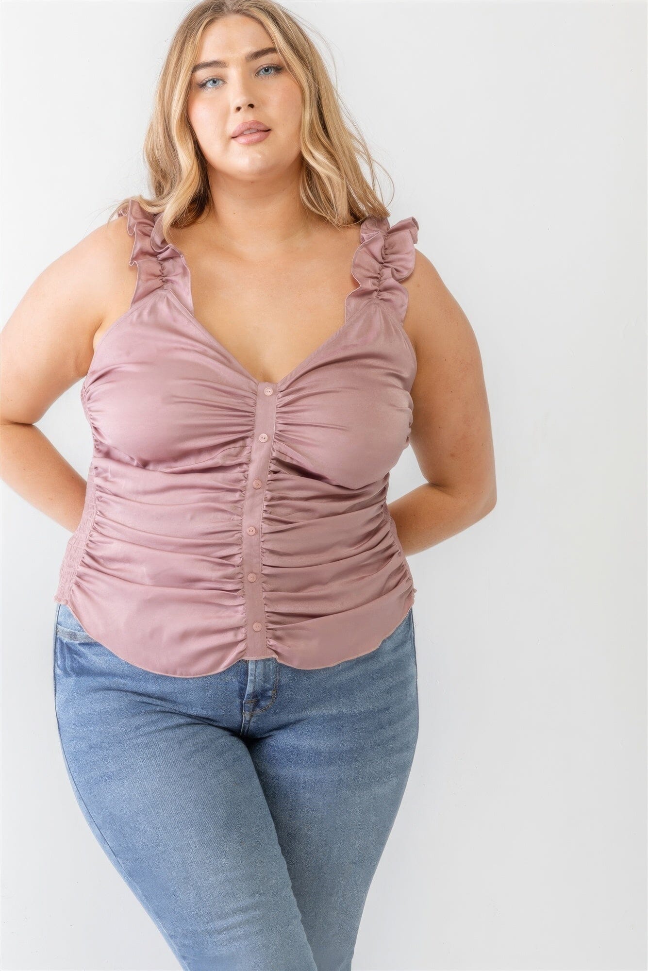 Plus Size Mauve Ruched Button-up Ruffle Strap Smocked Back Tank Top Shirts & Tops jehouze 
