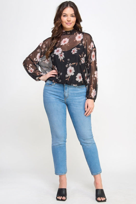 Plus Size Mesh Floral Long Sleeve Cami Top Shirts & Tops jehouze Black 1XL 