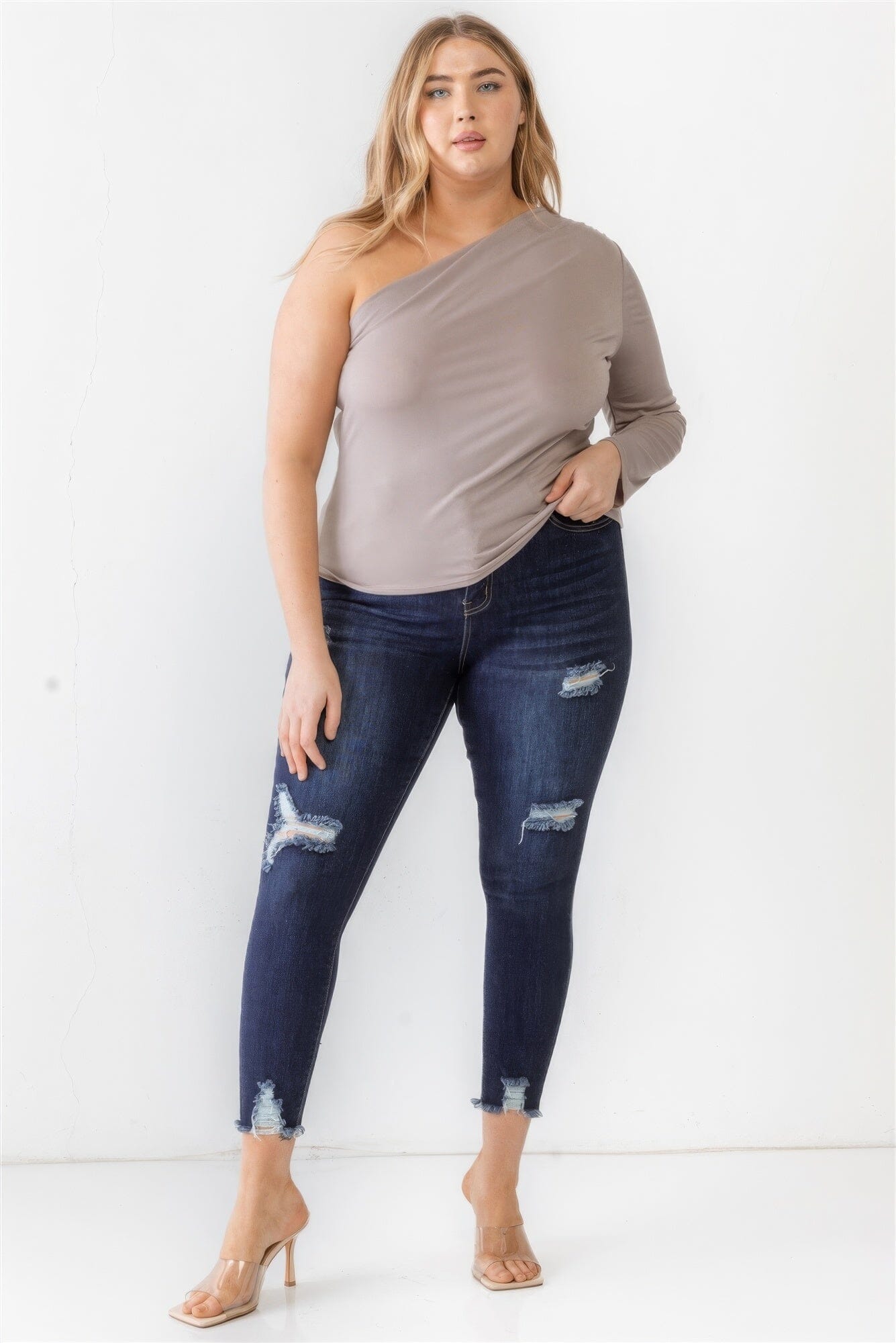 Plus Size Mocha Grey Textured One Shoulder Top Shirts & Tops jehouze 