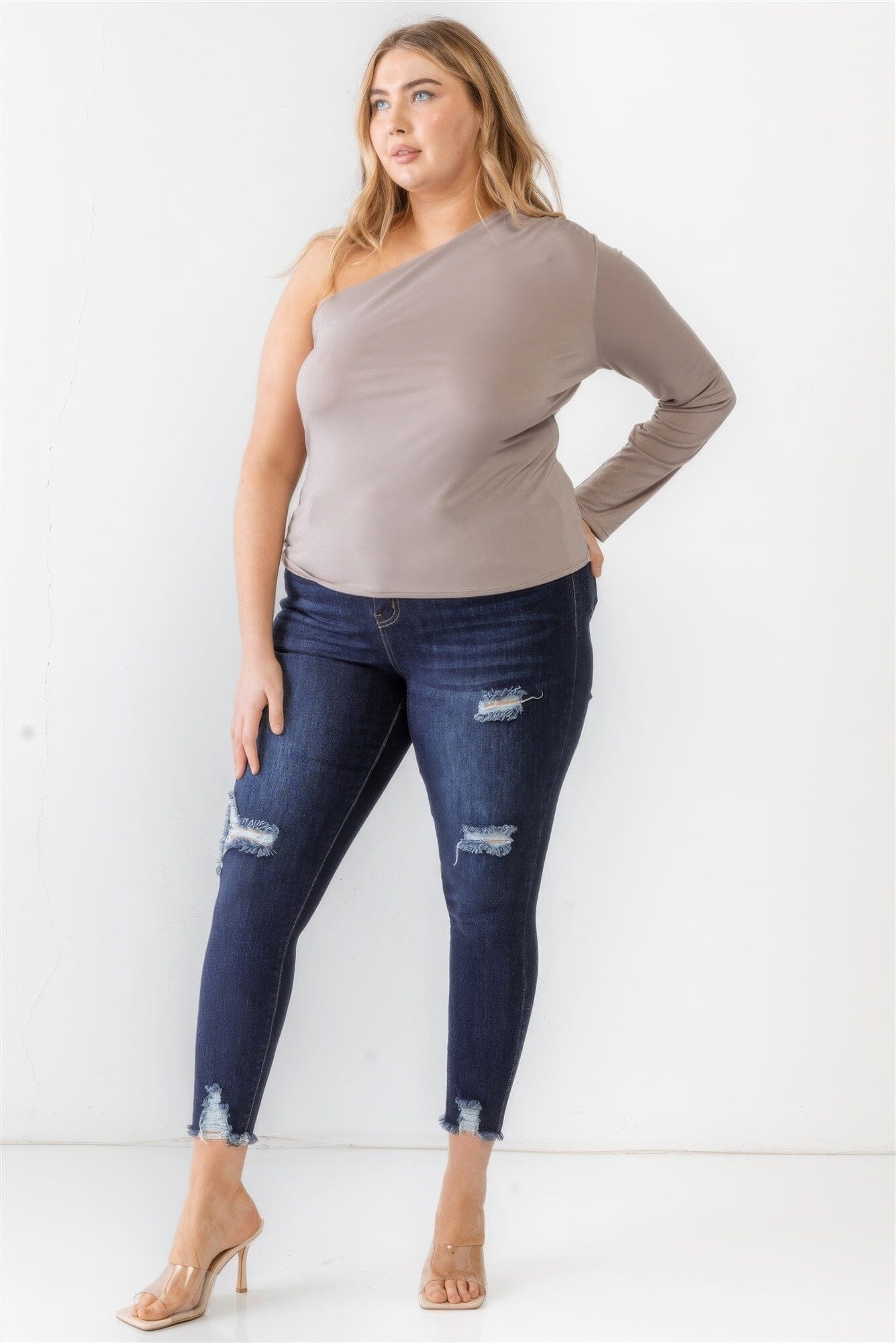 Plus Size Mocha Grey Textured One Shoulder Top Shirts & Tops jehouze 