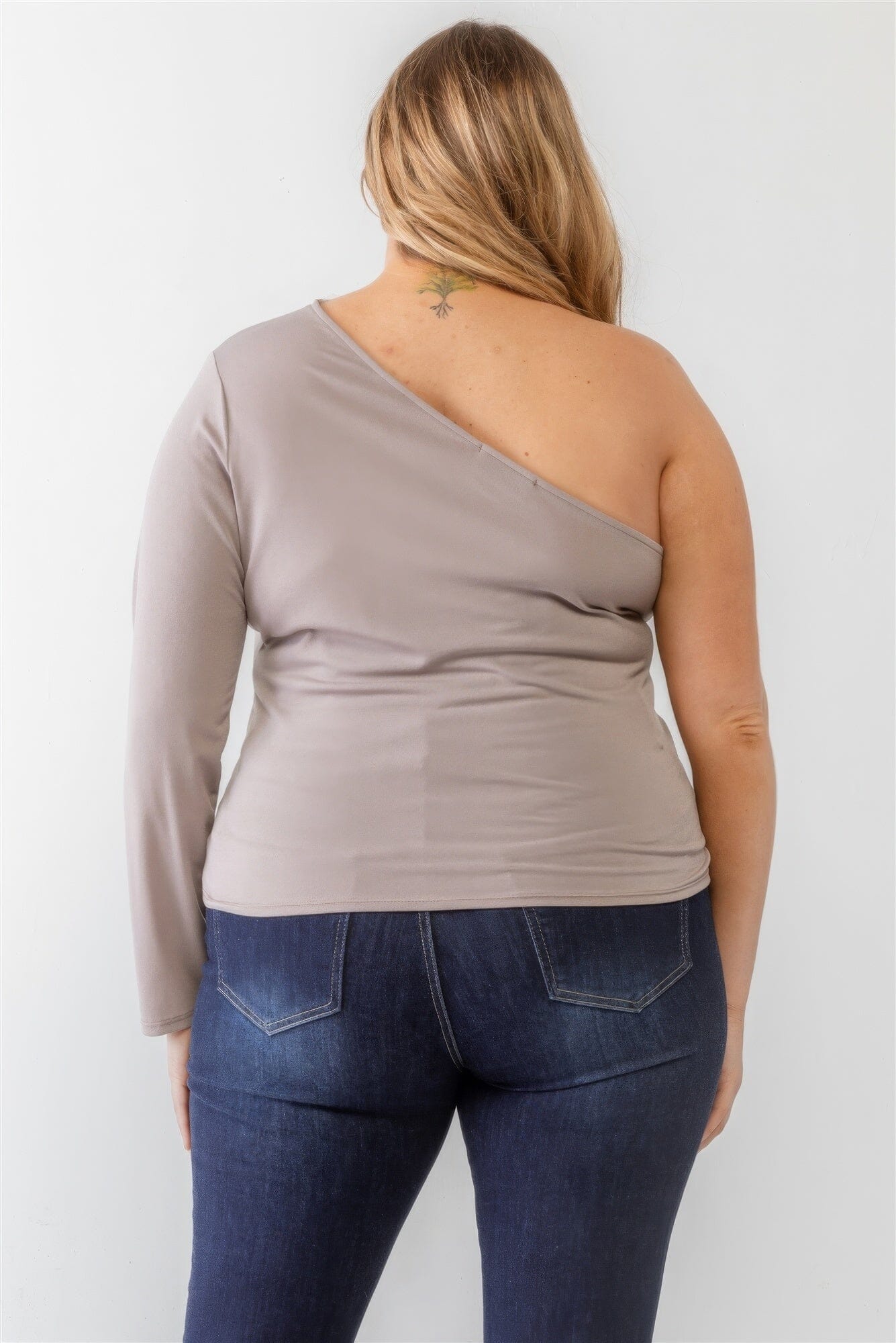 Plus Size Mocha Grey Textured One Shoulder Top Shirts & Tops jehouze 