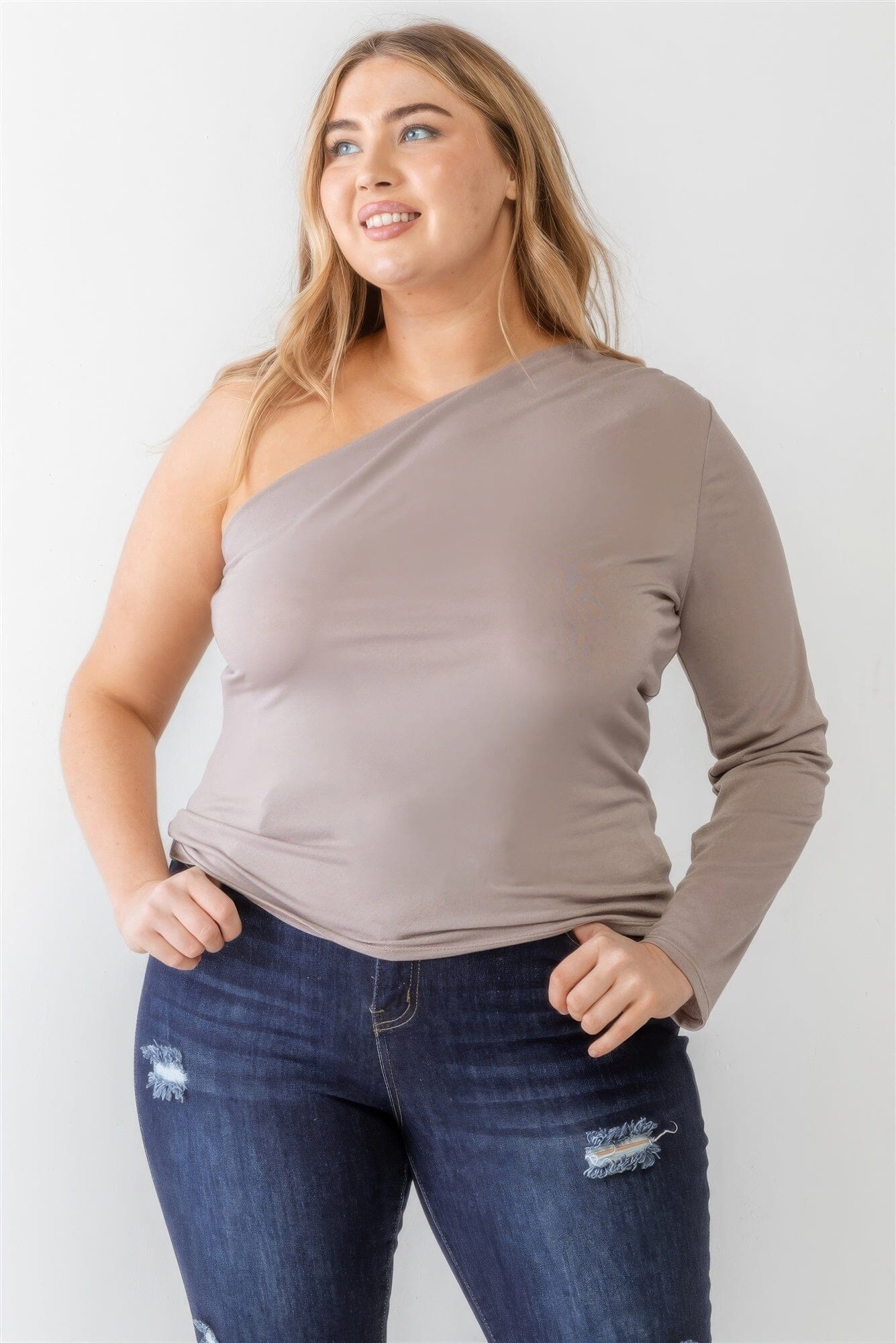 Plus Size Mocha Grey Textured One Shoulder Top Shirts & Tops jehouze 