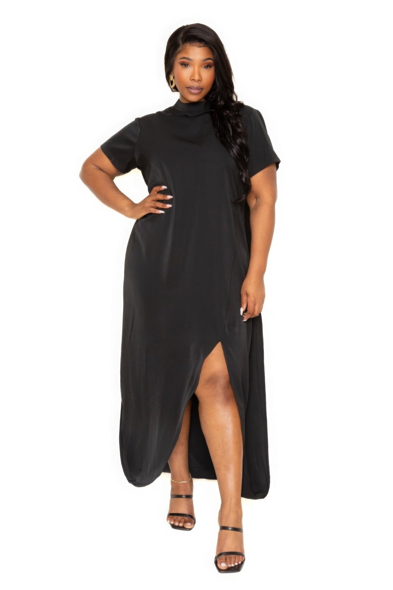 Plus Size Mock neck Short Sleeve Front Slit Maxi Dress Dresses jehouze 