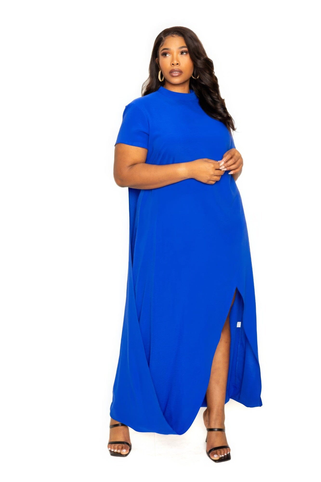 Plus Size Mock neck Short Sleeve Front Slit Maxi Dress Dresses jehouze 