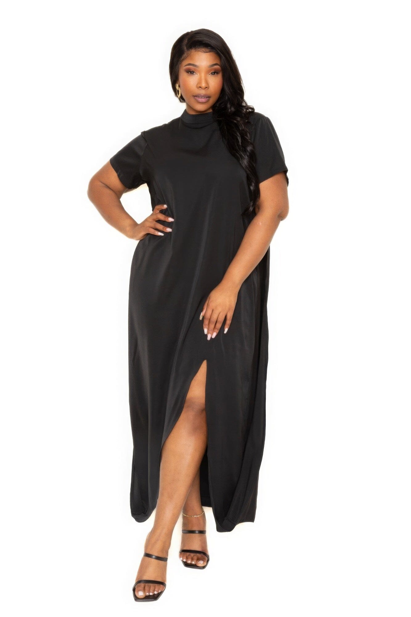Plus Size Mock neck Short Sleeve Front Slit Maxi Dress Dresses jehouze Black 1XL 