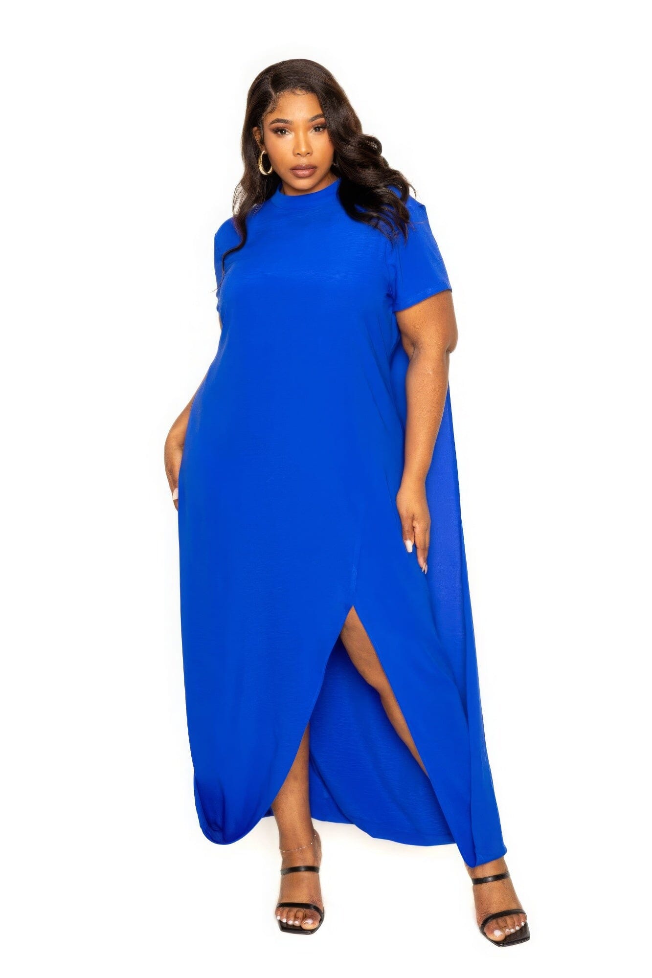 Plus Size Mock neck Short Sleeve Front Slit Maxi Dress Dresses jehouze Royal 1XL 