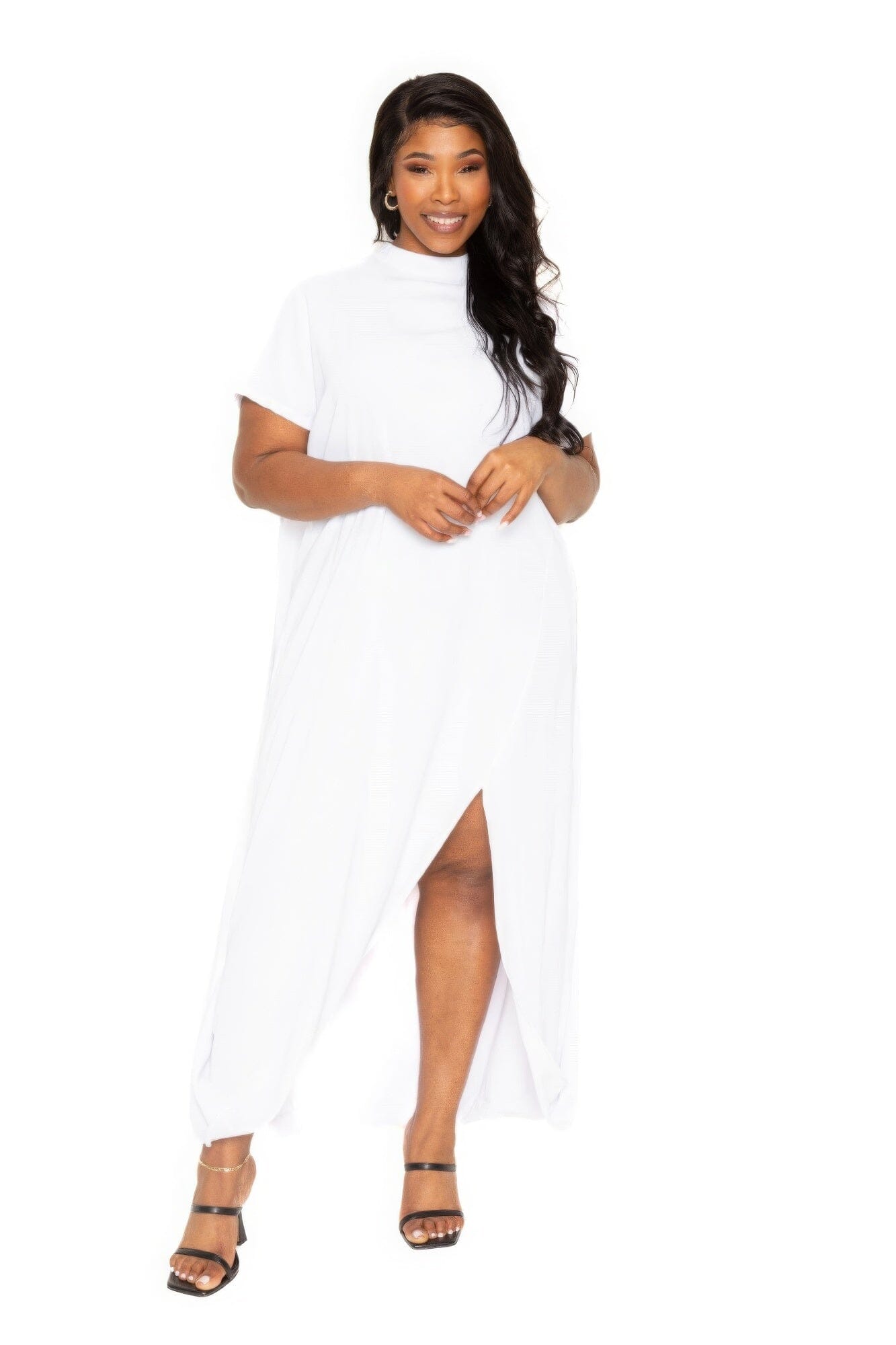 Plus Size Mock neck Short Sleeve Front Slit Maxi Dress Dresses jehouze White 1XL 