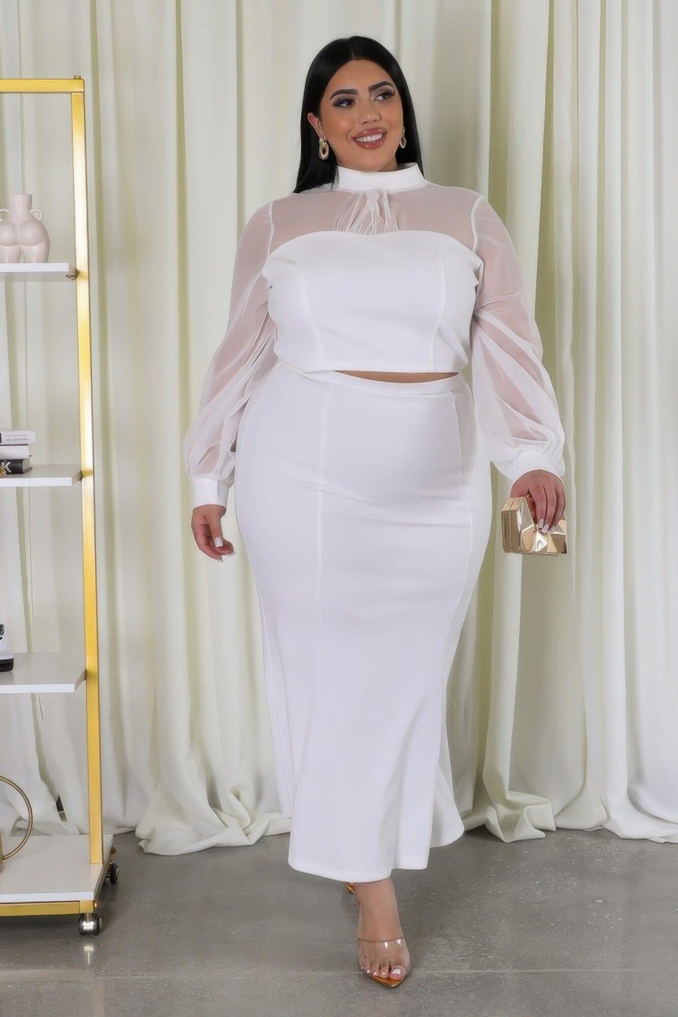 Plus Size Mock Neck Top and Stretch Skirt Set Outfit Sets jehouze 