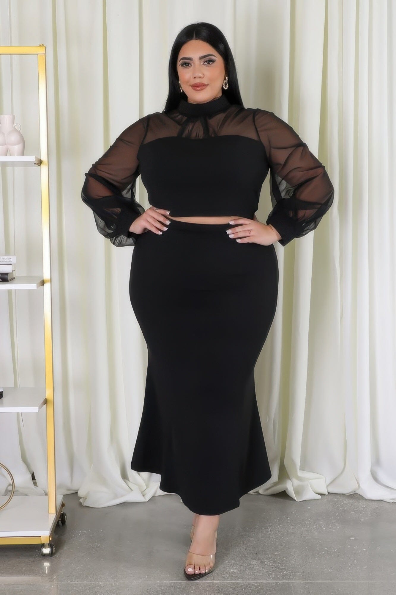 Plus Size Mock Neck Top and Stretch Skirt Set Outfit Sets jehouze 