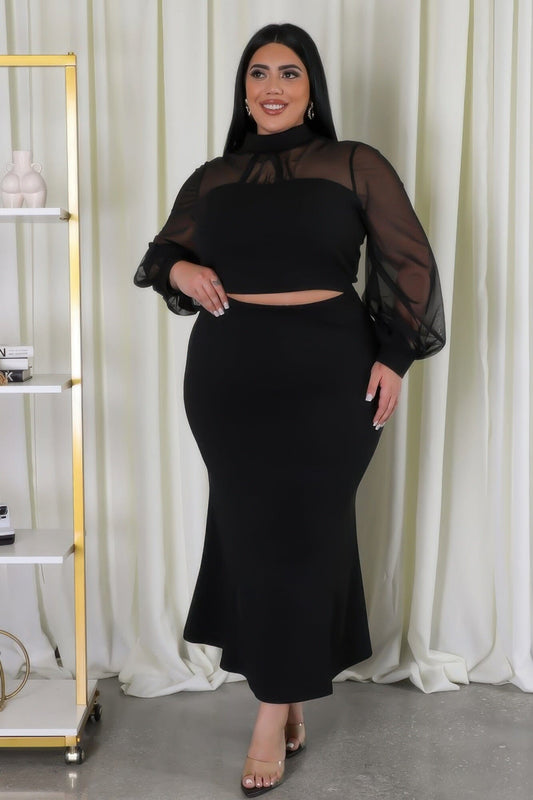 Plus Size Mock Neck Top and Stretch Skirt Set Outfit Sets jehouze Black 1XL 