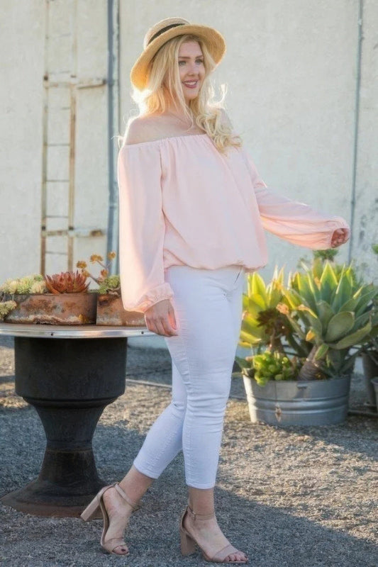 Plus Size Off Shoulder Long Bubble Sleeve Solid Top Shirts & Tops jehouze Rose 1XL 