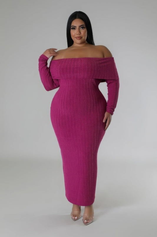 Plus Size Off Shoulders Stretch Midi Dress Dresses jehouze Magenta 1XL 