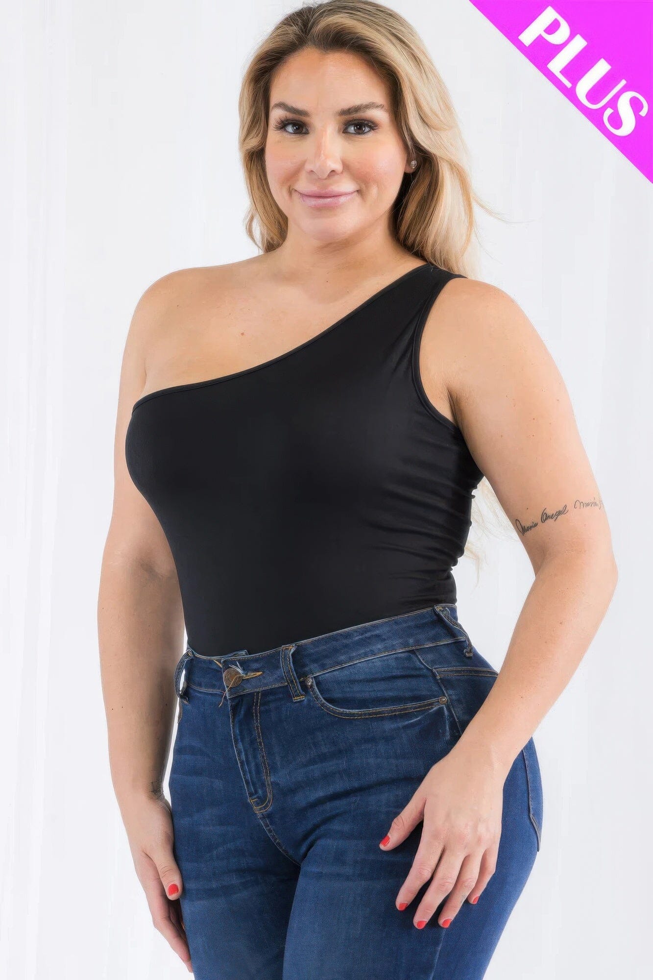 Plus size one shoulder solid casual bodysuit jehouze Black 1XL 