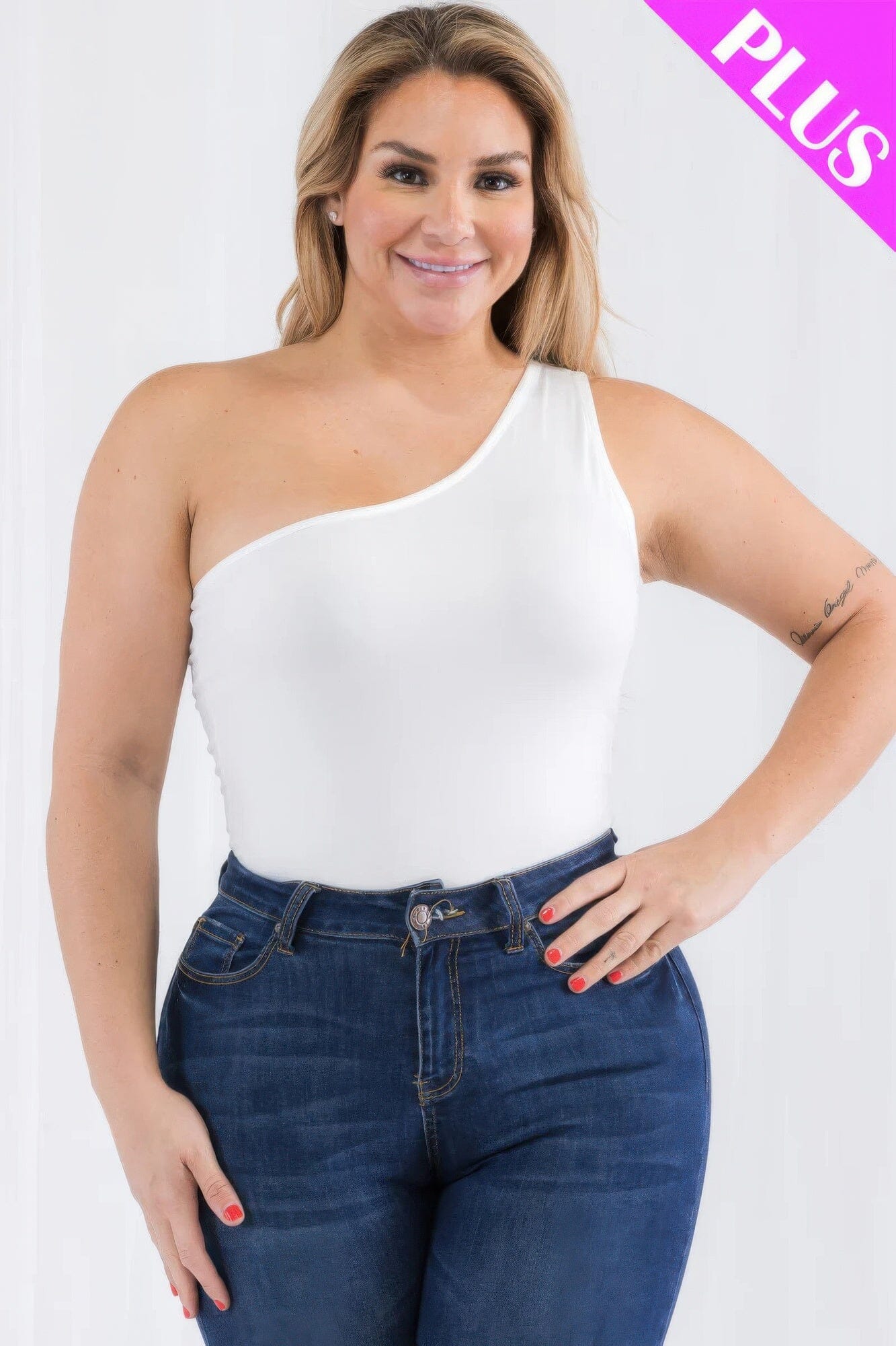 Plus size one shoulder solid casual bodysuit jehouze White 1XL 