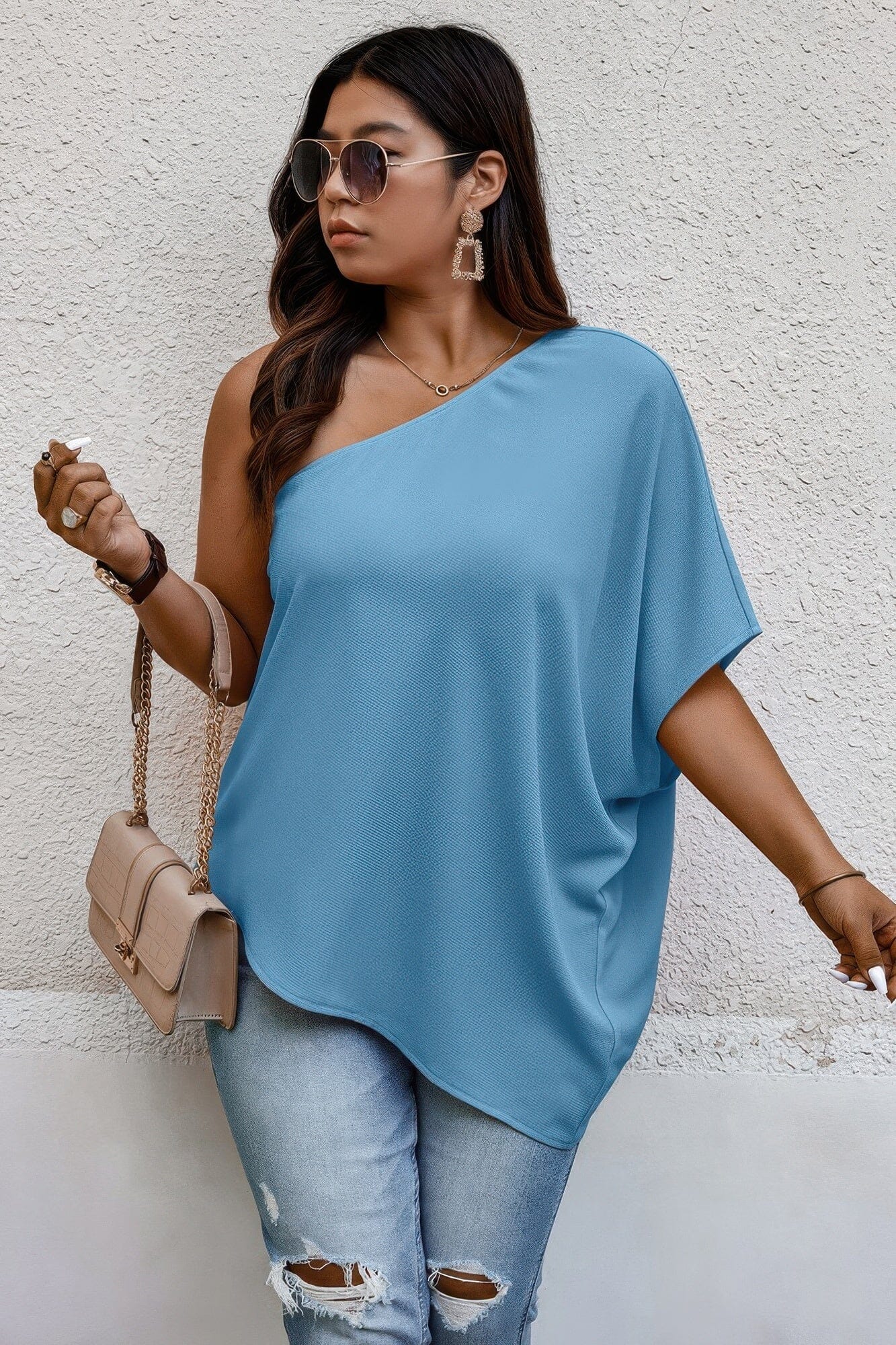 Plus Size One Shoulder Solid Casual Loose Fit Shirt Shirts & Tops jehouze 