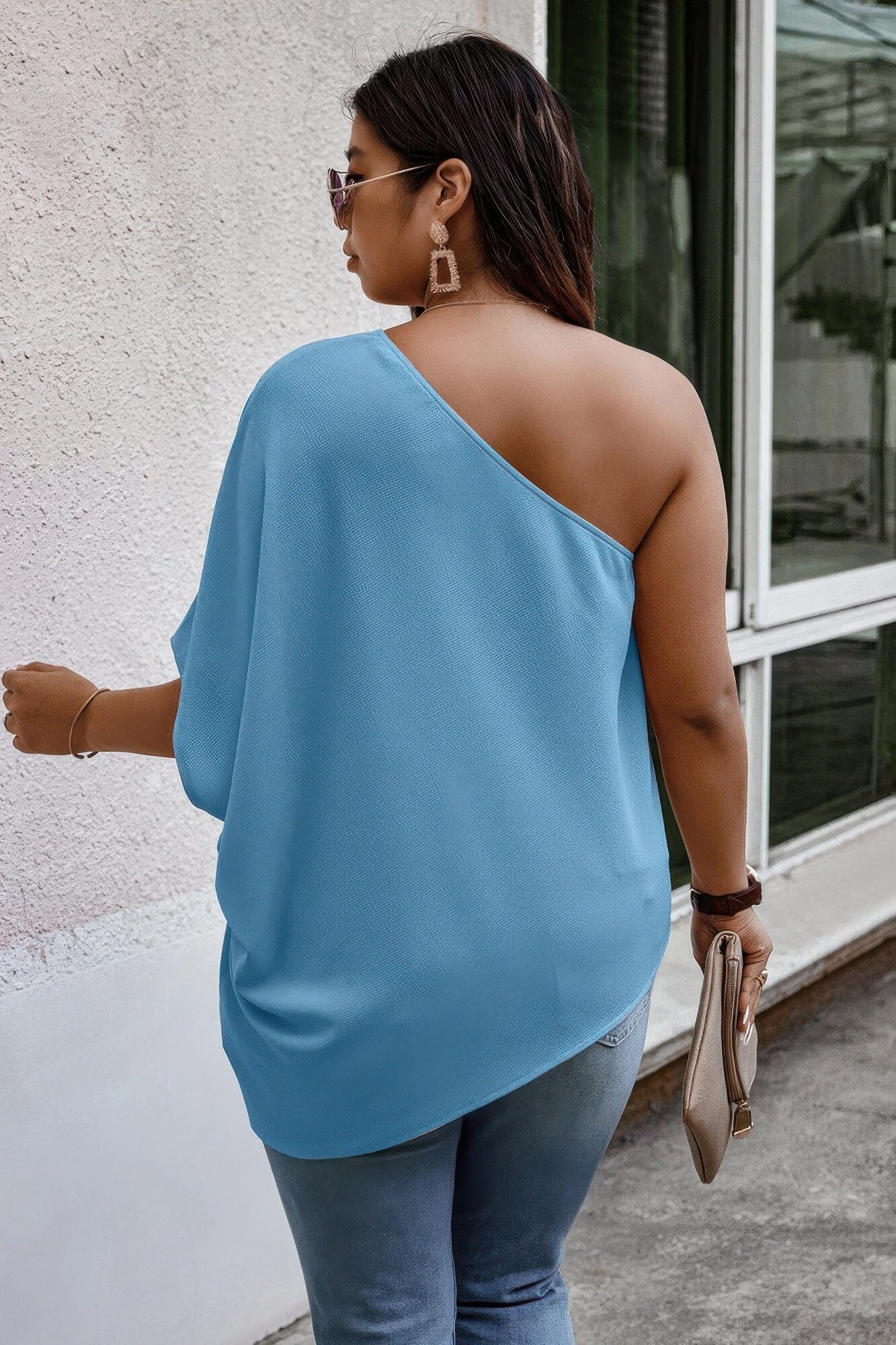 Plus Size One Shoulder Solid Casual Loose Fit Shirt Shirts & Tops jehouze 