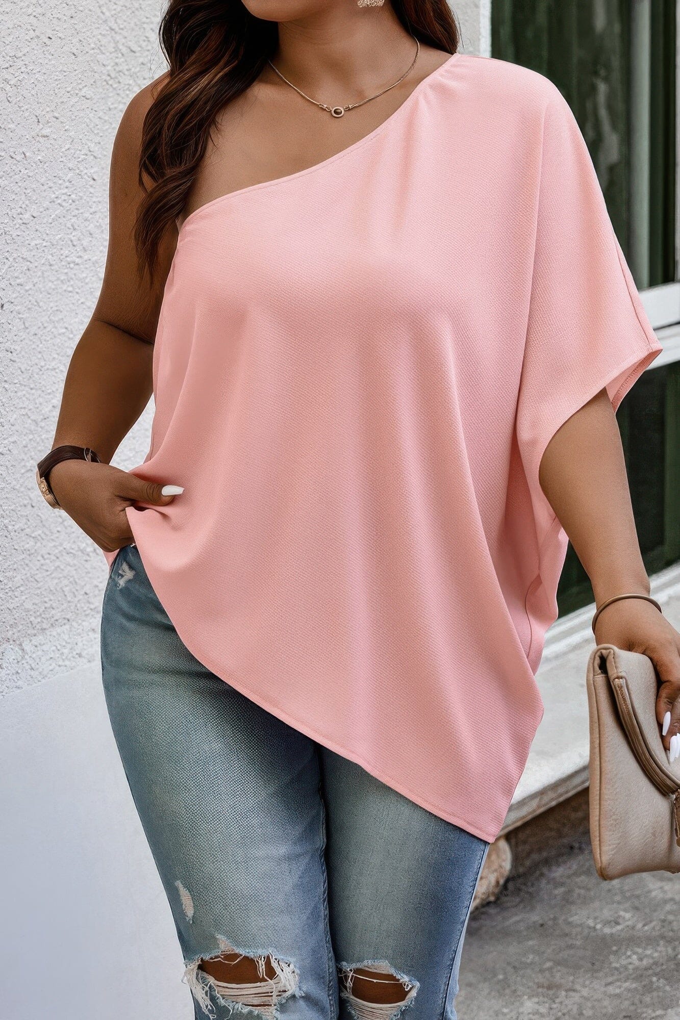 Plus Size One Shoulder Solid Casual Loose Fit Shirt Shirts & Tops jehouze 