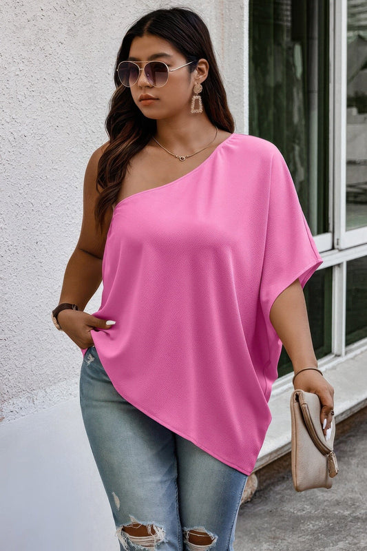 Plus Size One Shoulder Solid Casual Loose Fit Shirt Shirts & Tops jehouze Fuchsia XL 