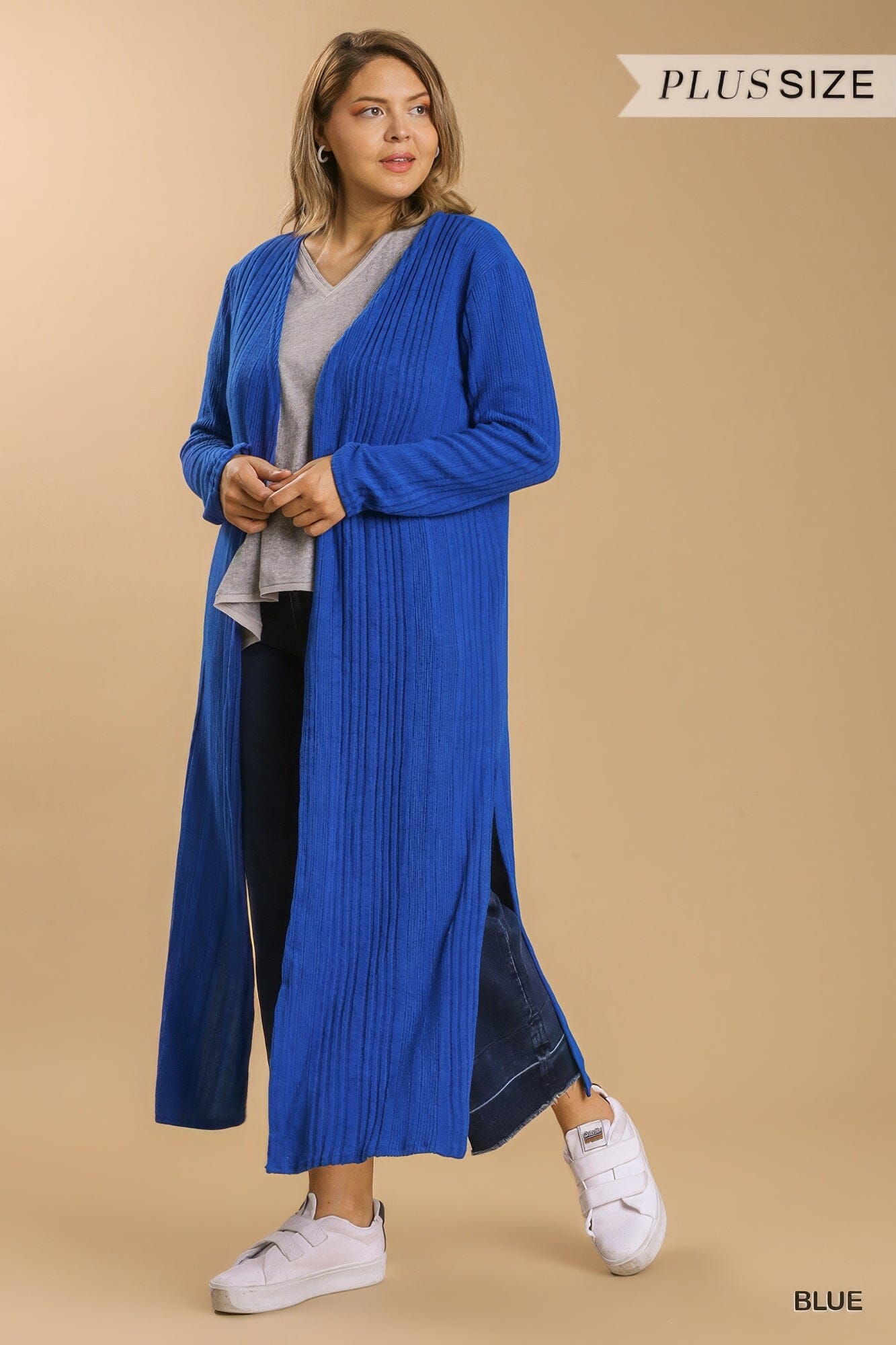 Plus Size Open Front Long Body Cardigan Outerwear jehouze Blue 1XL 
