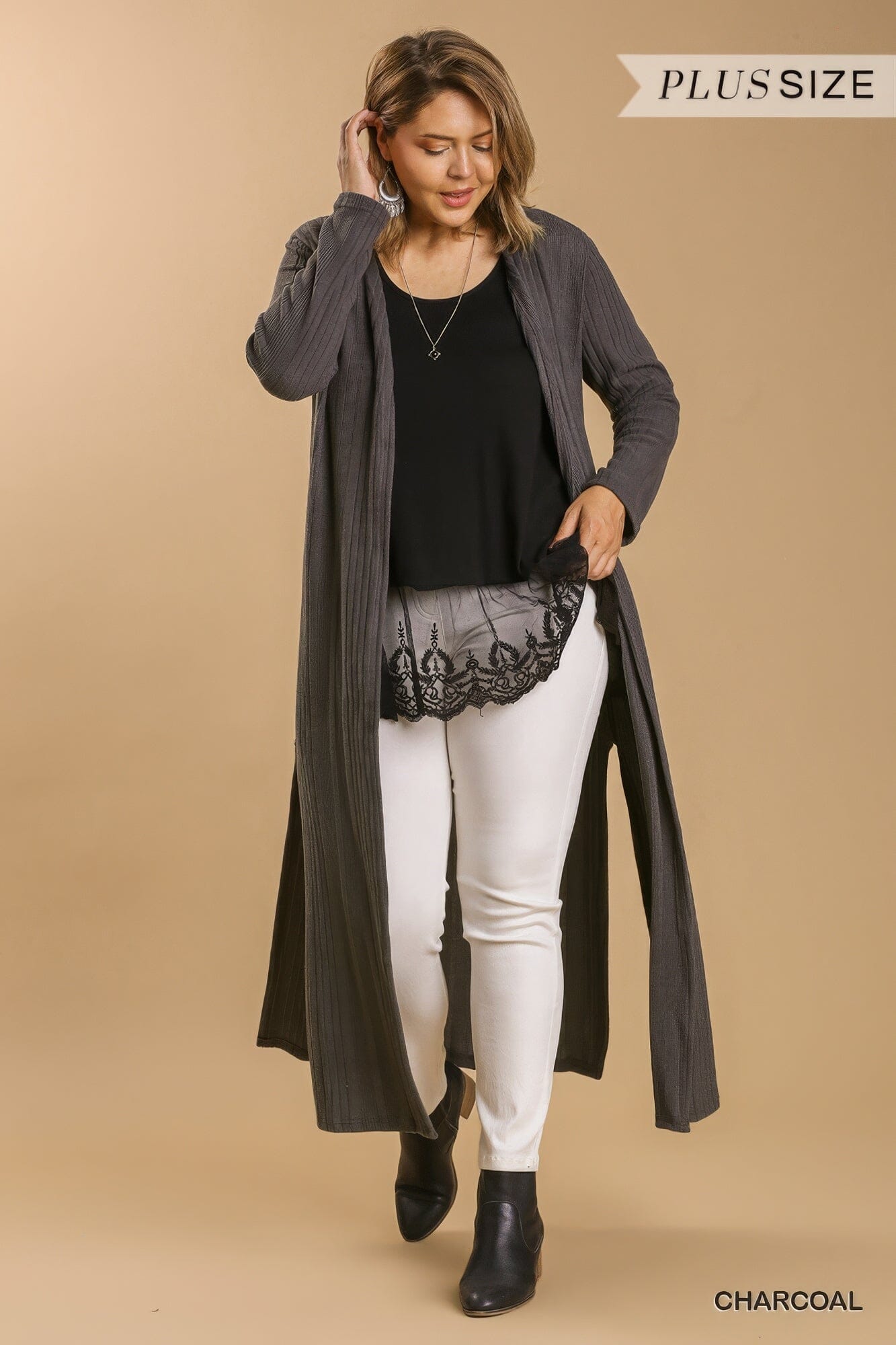 Plus Size Open Front Long Body Cardigan Outerwear jehouze Charcoal 1XL 
