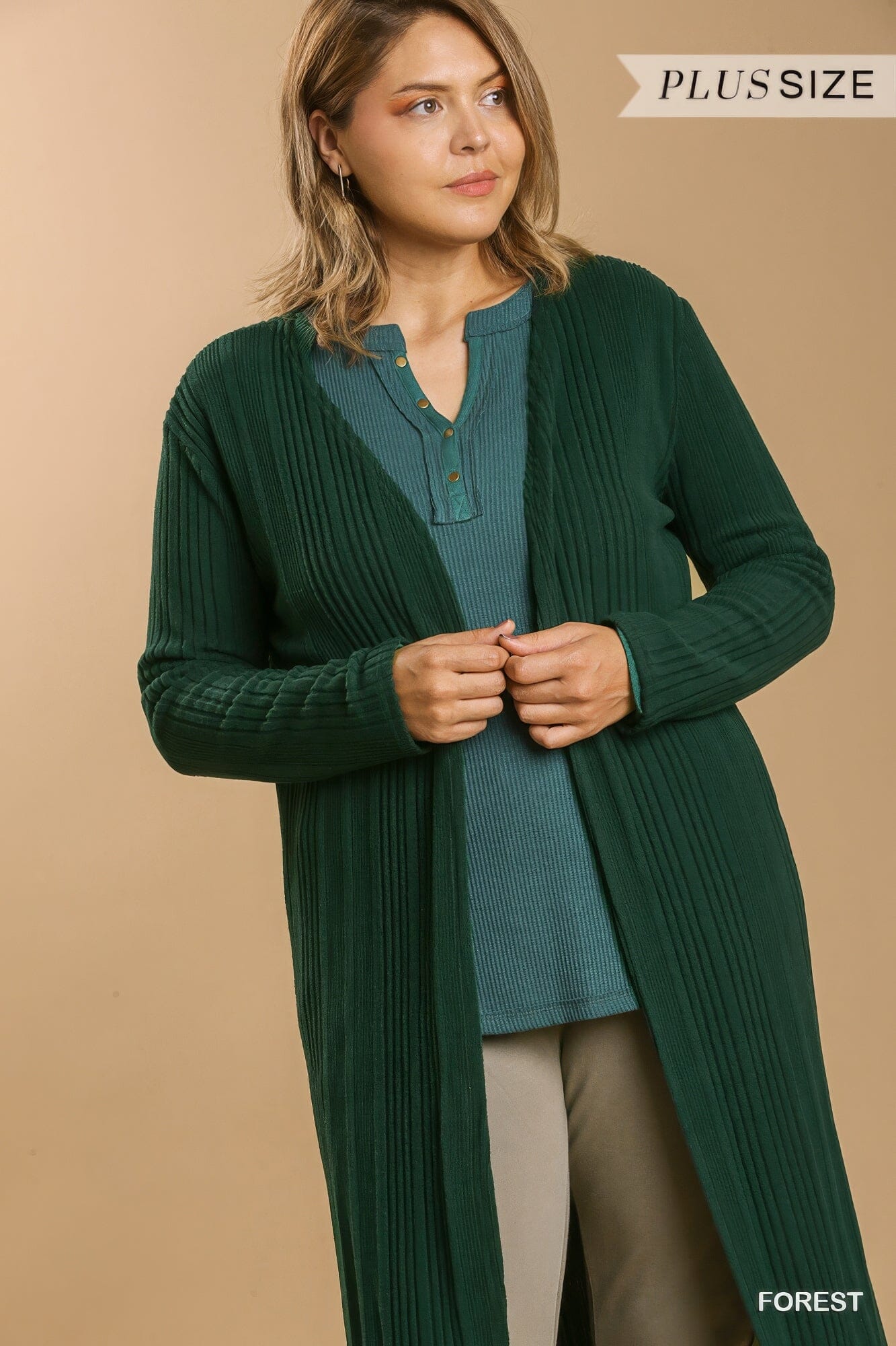 Plus Size Open Front Long Body Cardigan Outerwear jehouze Forest 1XL 