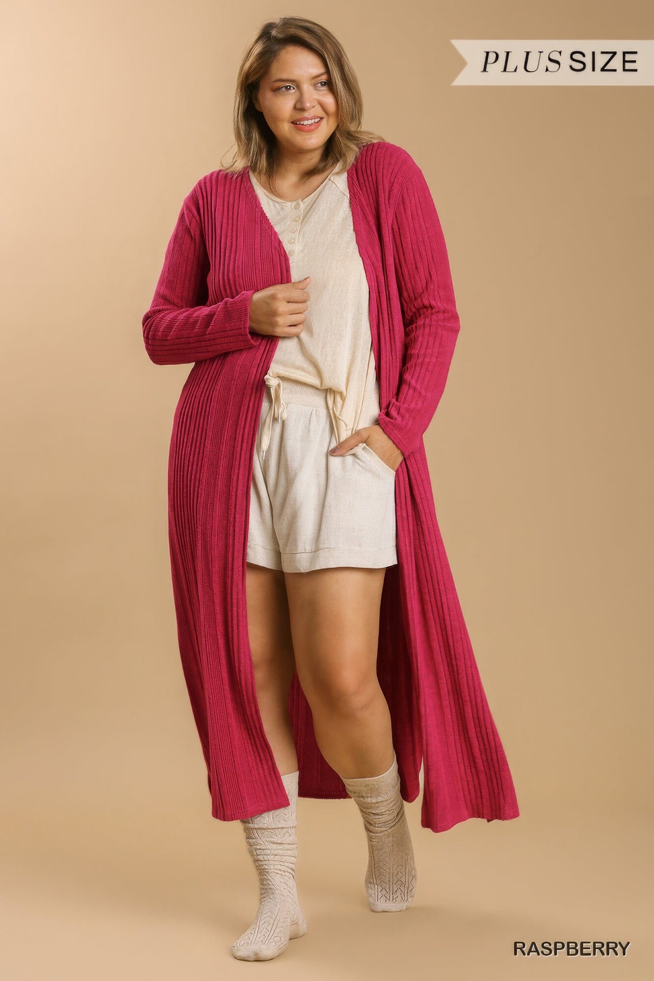 Plus Size Open Front Long Body Cardigan Outerwear jehouze Raspberry 1XL 