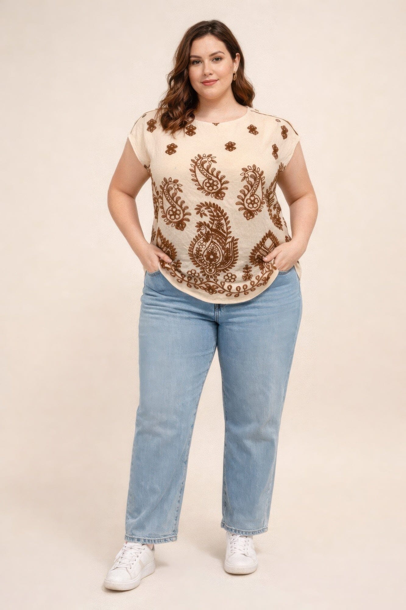 Plus Size Paisley Border Print Button-shoulder Top Shirts & Tops jehouze Khaki XL 
